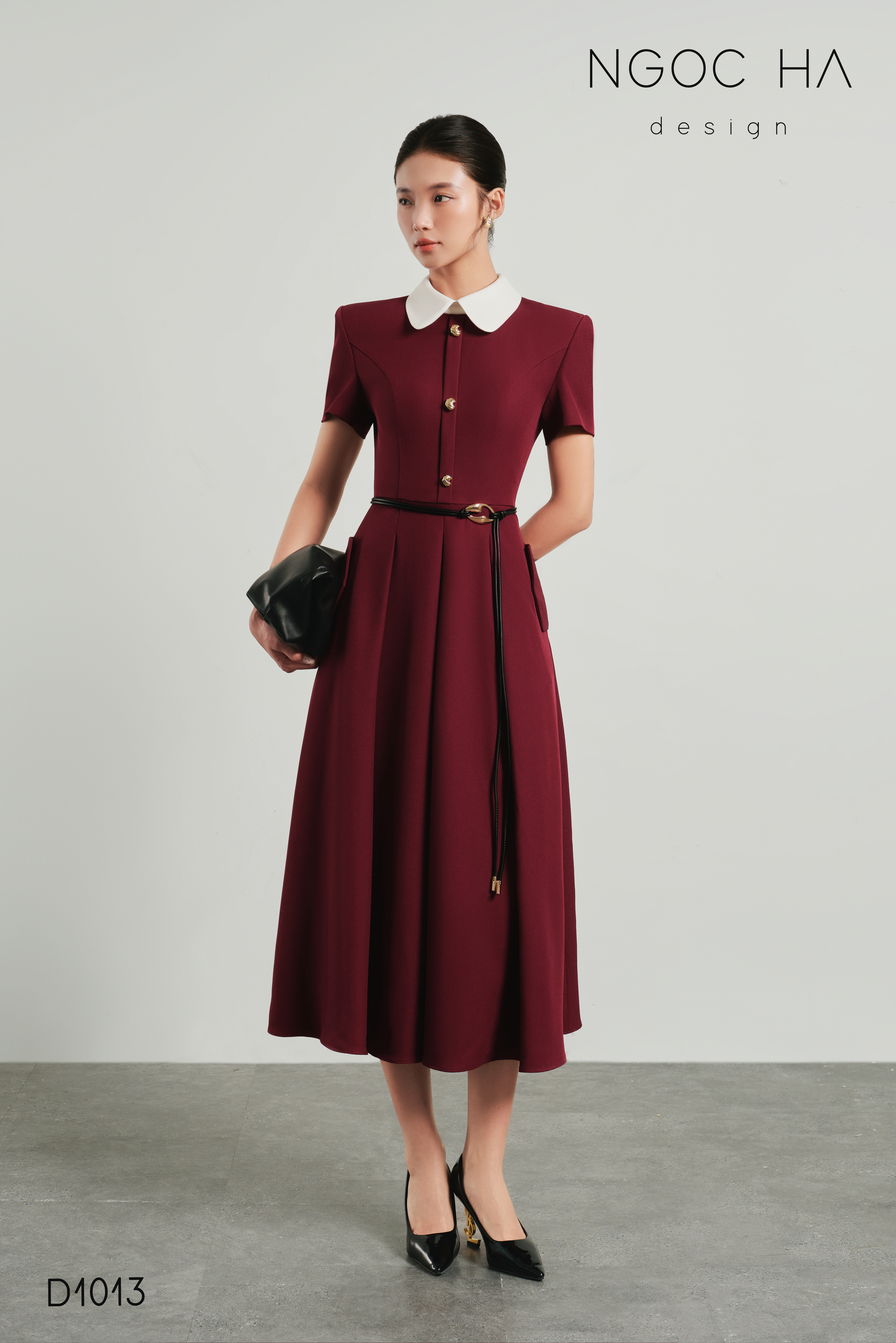 Claire Dress_ Đầm Xòe Màu Đỏ Mix Cổ Trắng D1013