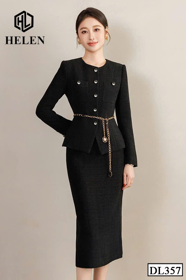 Đầm ôm peplum đen giả set đính cúc ngực DL357