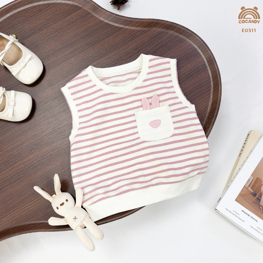 Áo gile HỒNG kẻ BE phối túi tai thỏ_thumbnail_2