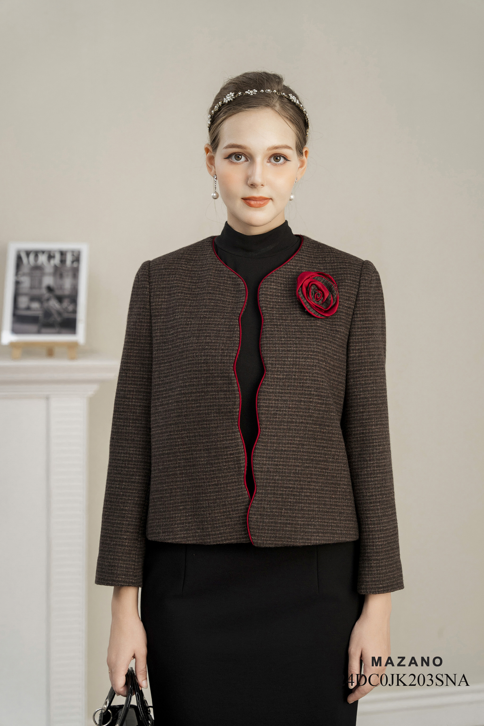 Áo khoác ngắn Vải dạ lông cừu Đính hoa thủ công Cổ trònTay dài Dài qua eo_thumbnail_0