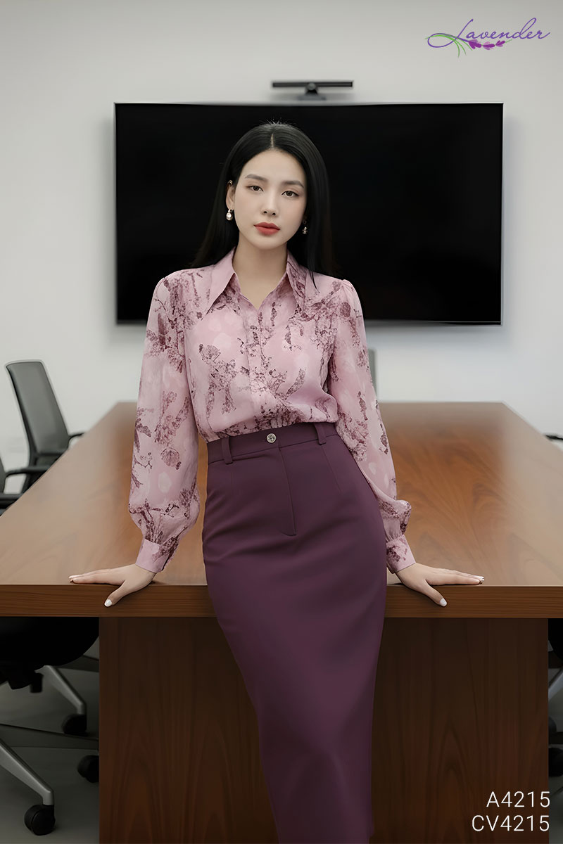 Áo sơ mi hoa tím nho tay dài A4215