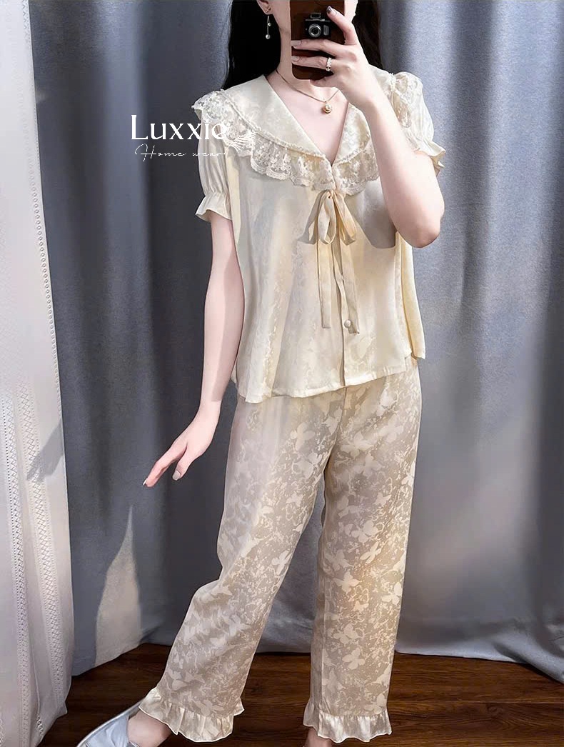 N108B Pijama lụa gấm hoa cổ ren trắng buộc nơ cộc tay_thumbnail_11