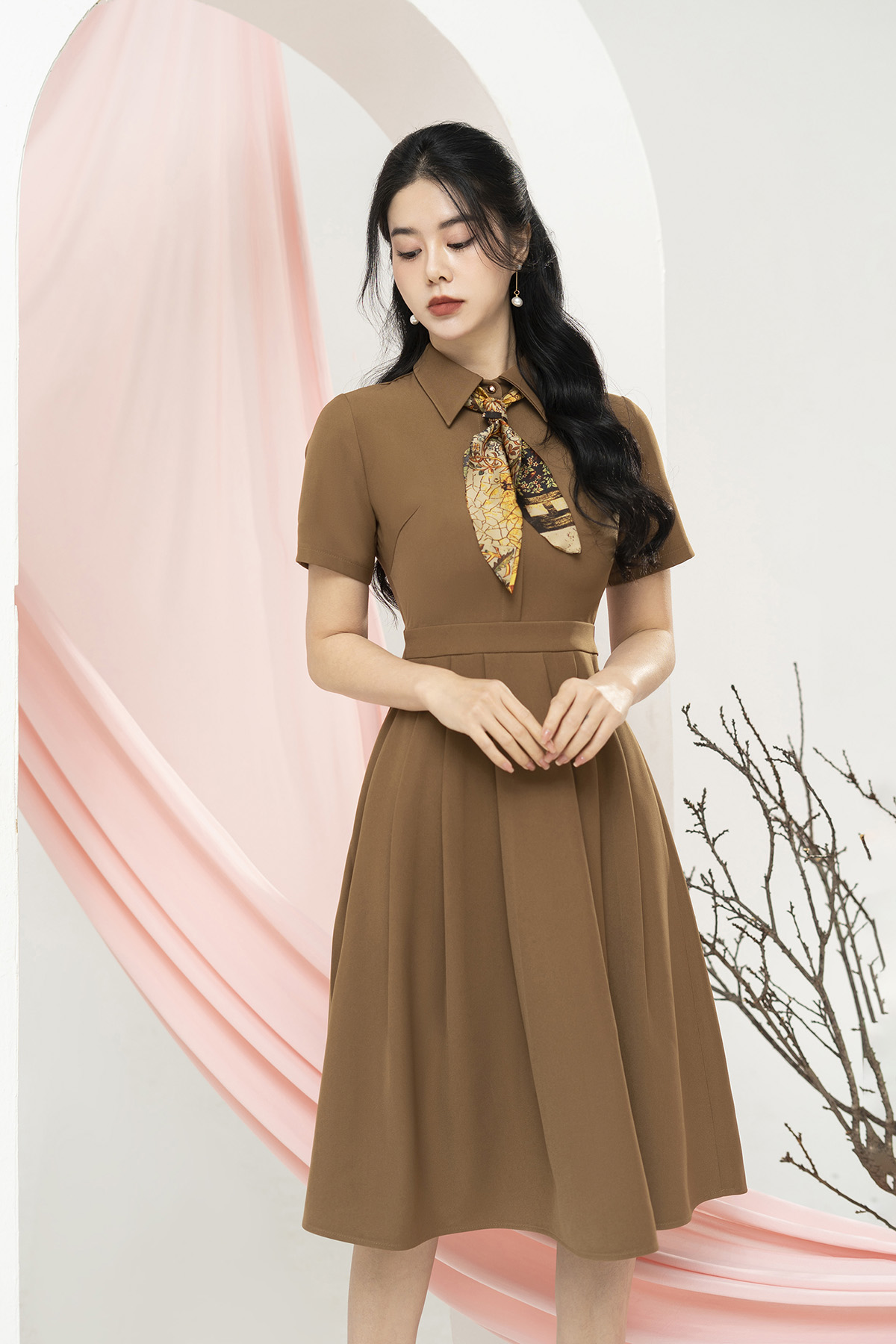 Đầm công sở dáng xòe nâu tây cổ đức phối nơ D3004_thumbnail_1