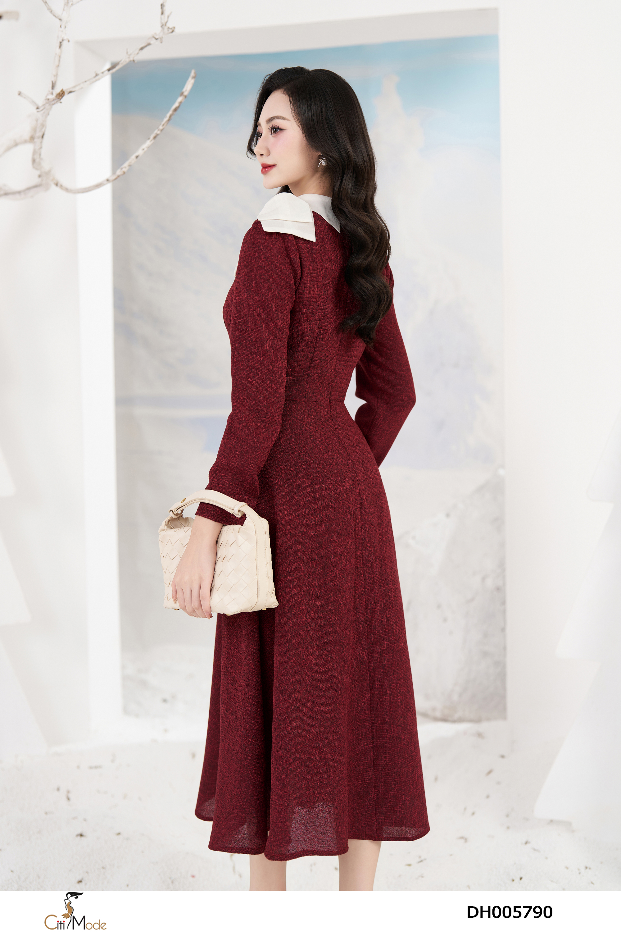 Đầm xòe dạ đỏ giả set cổ phối nơ cách điệu