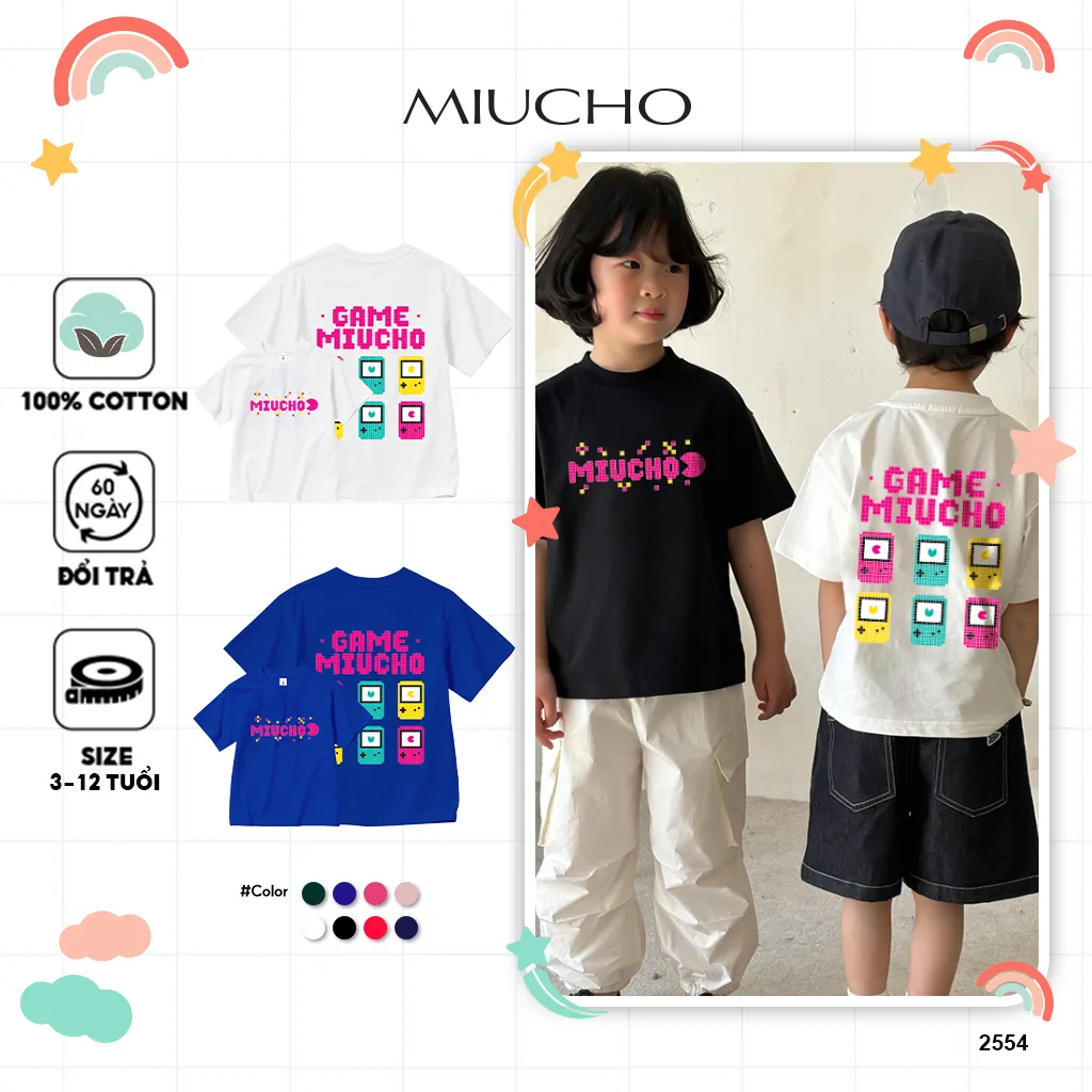 Áo thun cho bé form rộng Game Miucho 2554 vải cotton co giãn thoáng mát cổ tròn in mix