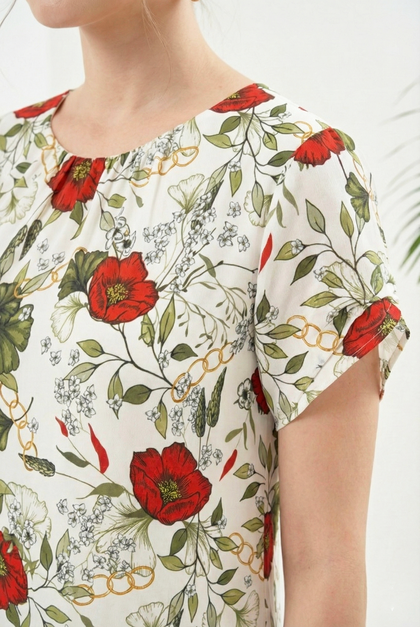 Đầm vải voan chiffon in hoa đỏ dáng suông A cổ tròn tay ngắn thiết kế MAZANO_thumbnail_4