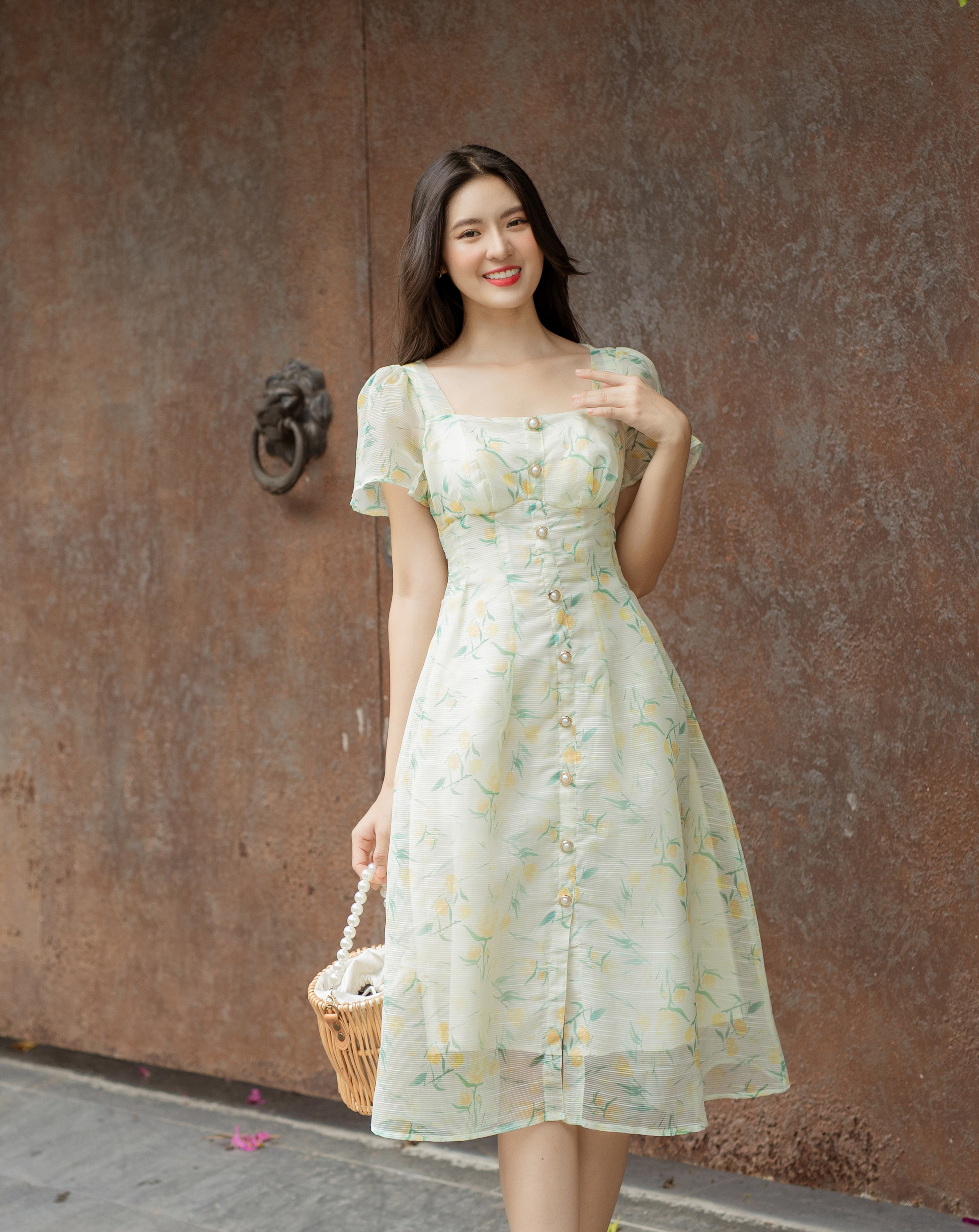 Đầm xòe họa tiết hoa mẫu đơn tay cánh tiên_thumbnail_0