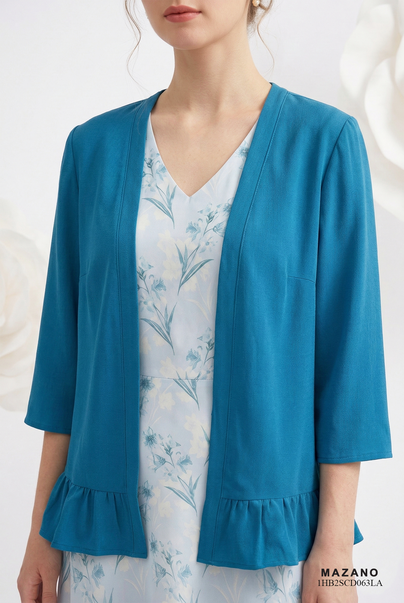 Áo cardigan vải voan dày màu xanh cổ vịt dáng suông trang trí bèo gấu thiết kế MAZANO_thumbnail_4