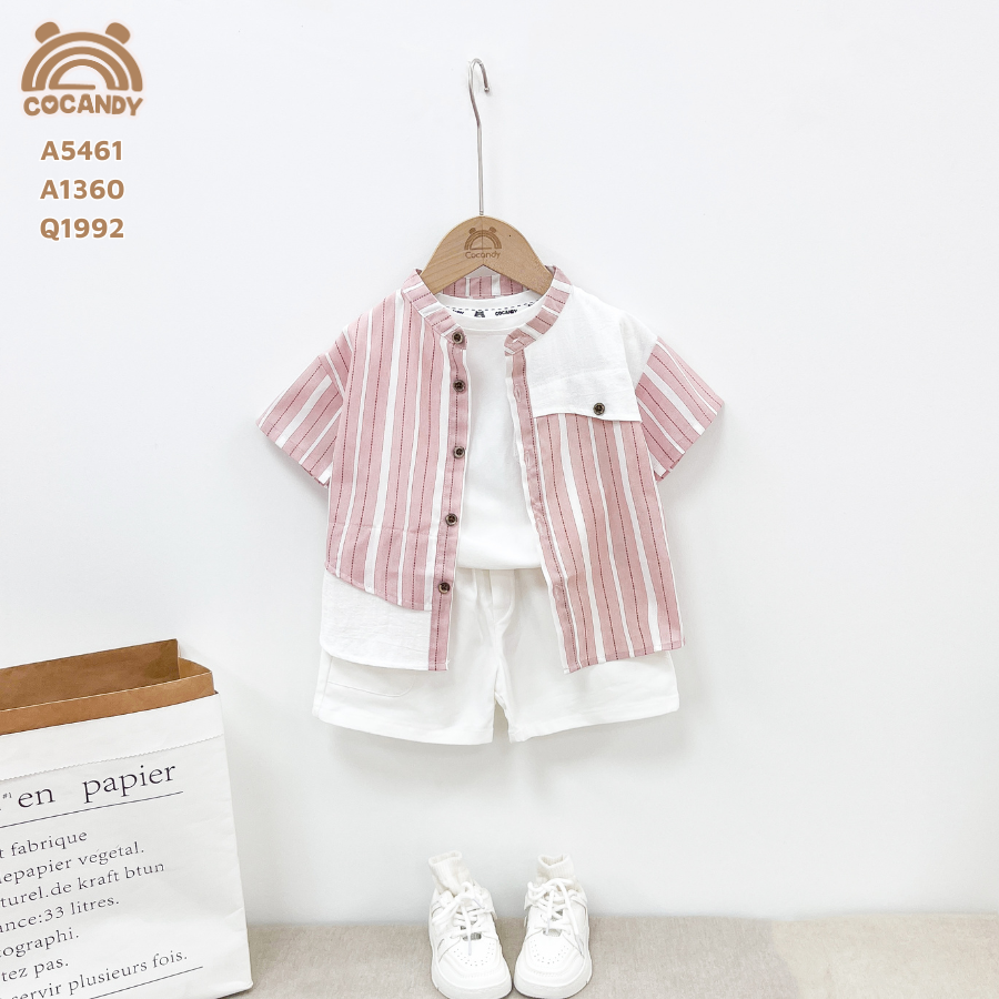 Áo cộc sơ mi sọc HỒNG phối vai TRẮNG