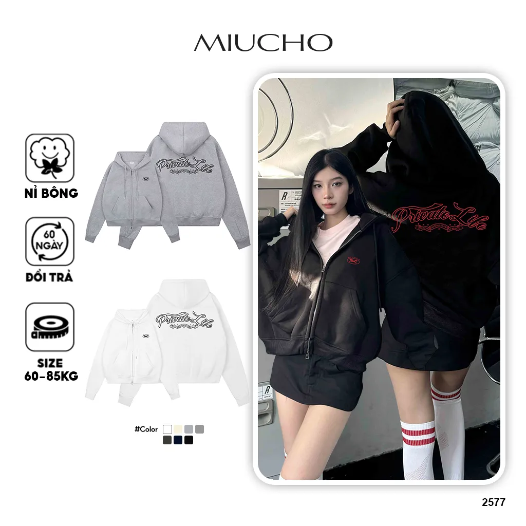 Áo hoodie zip form boxy phong cách cổ điển 2577 Miucho chất vải nỉ bông cao cấp thoáng mát in mix