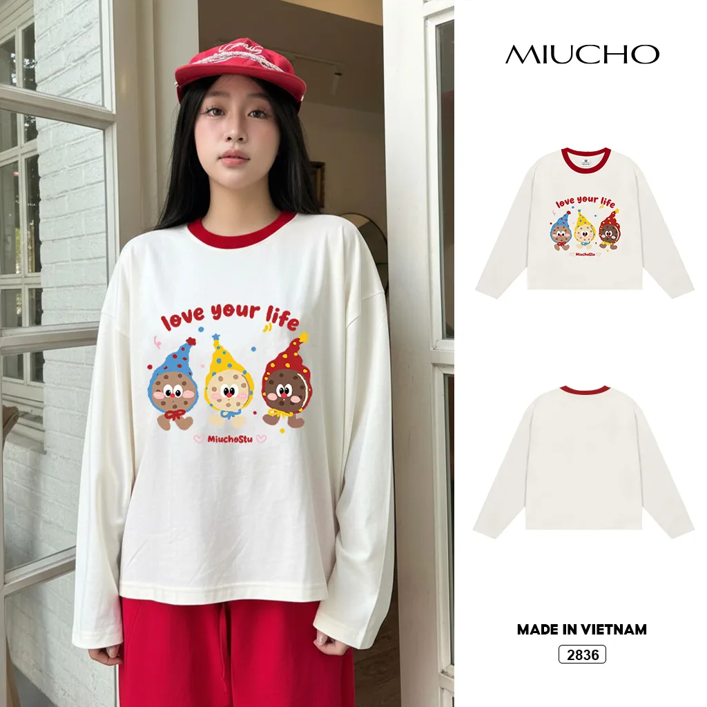 Áo thun boxy Miucho vải dày dặn thoáng mát tay dài cổ tròn Love your life in mix 2836