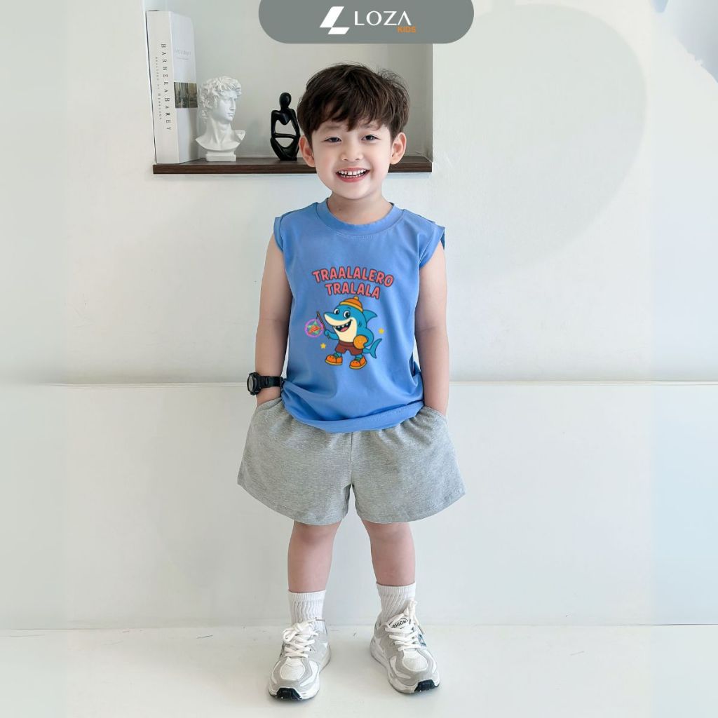 Bộ ba lỗ bé trai Brainrot Tralalero Tralala size từ 15-40kg - Quần áo bé trai Loza Kids BL448