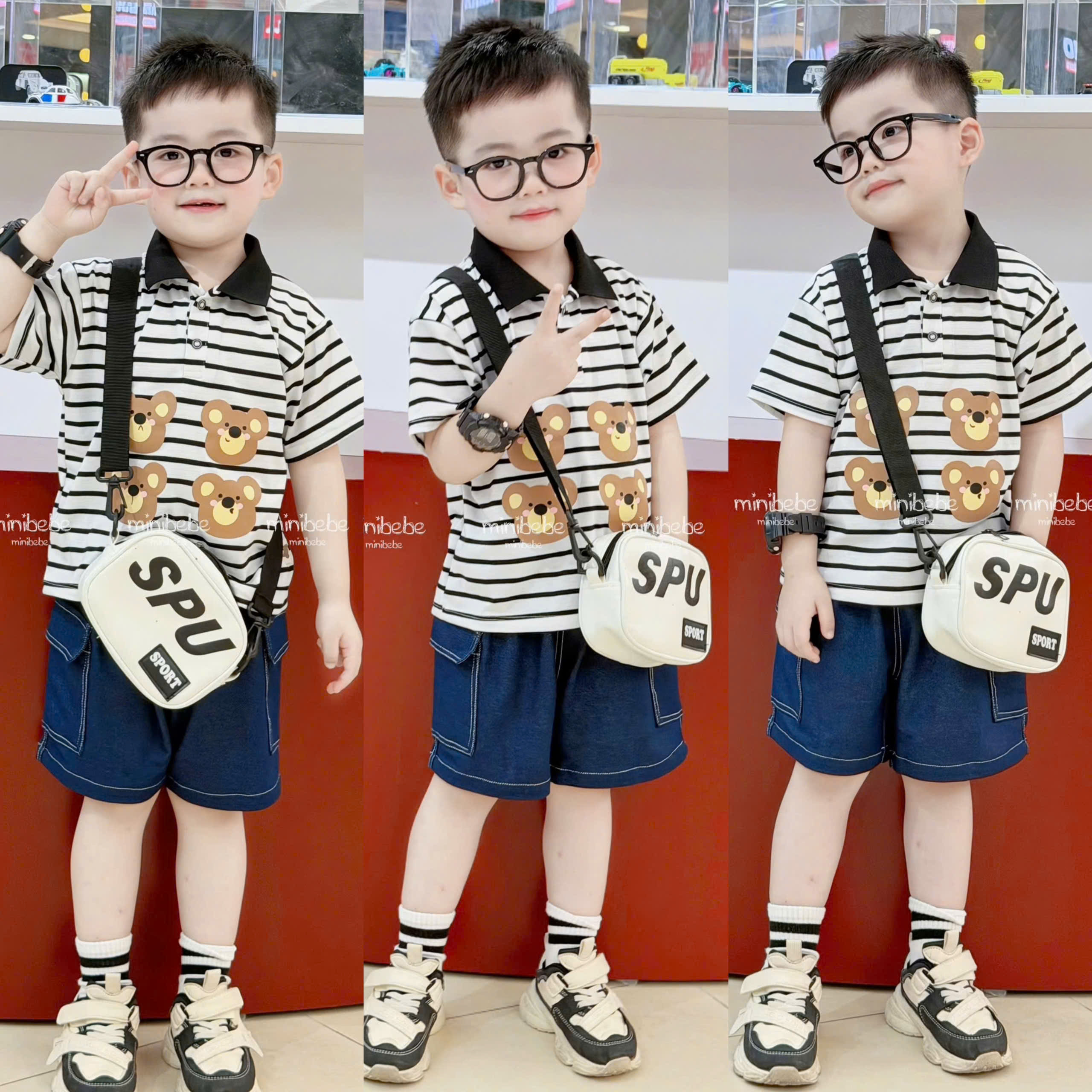 B93 BỘ POLO CỔ ĐEN 4 MẶT GẤU- A117.1758