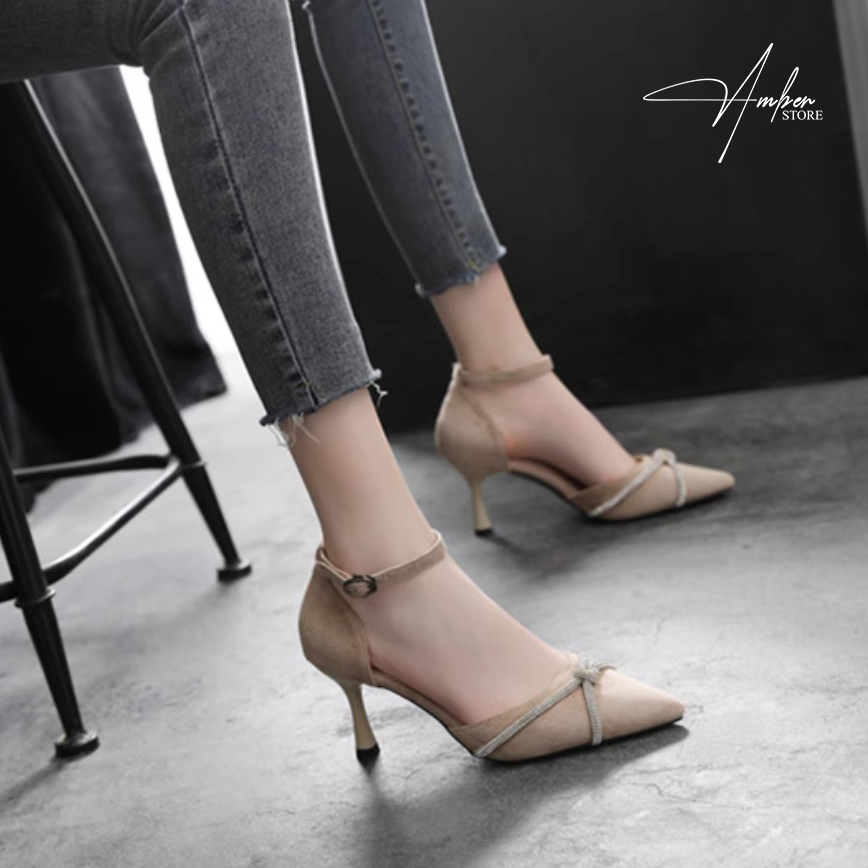 Giày Cao Gót Nữ Bít Mũi Quai Nơ Đính Đá – CG14