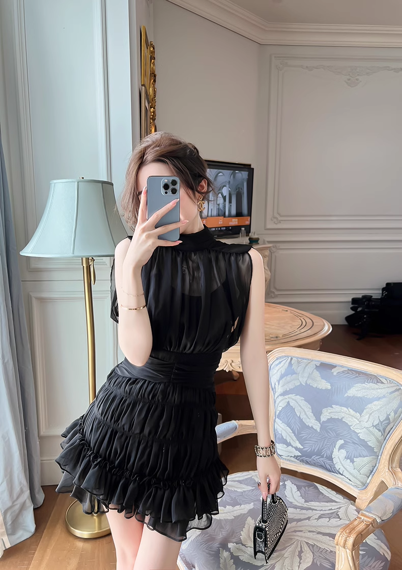 15167-Set áo chân váy voan đen cổ trụ  nhún viền bèo (voan , lót)_thumbnail_2