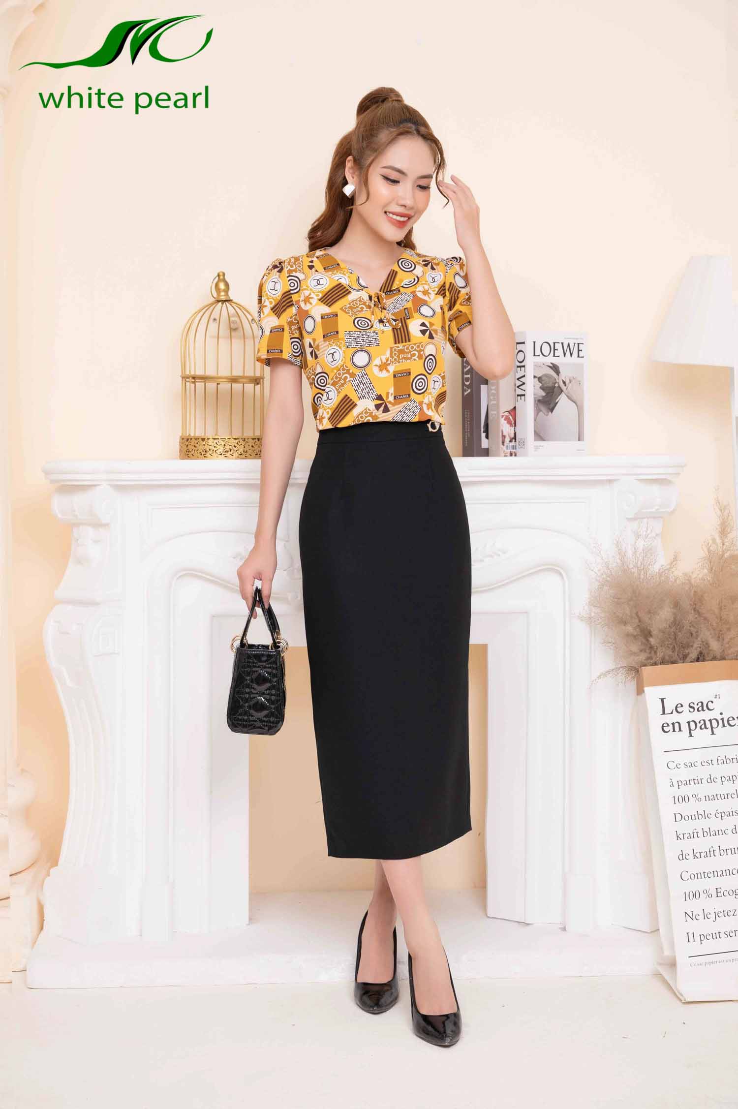 Chân váy bút chì dáng dài thời trang công sở cao cấp White Pearl