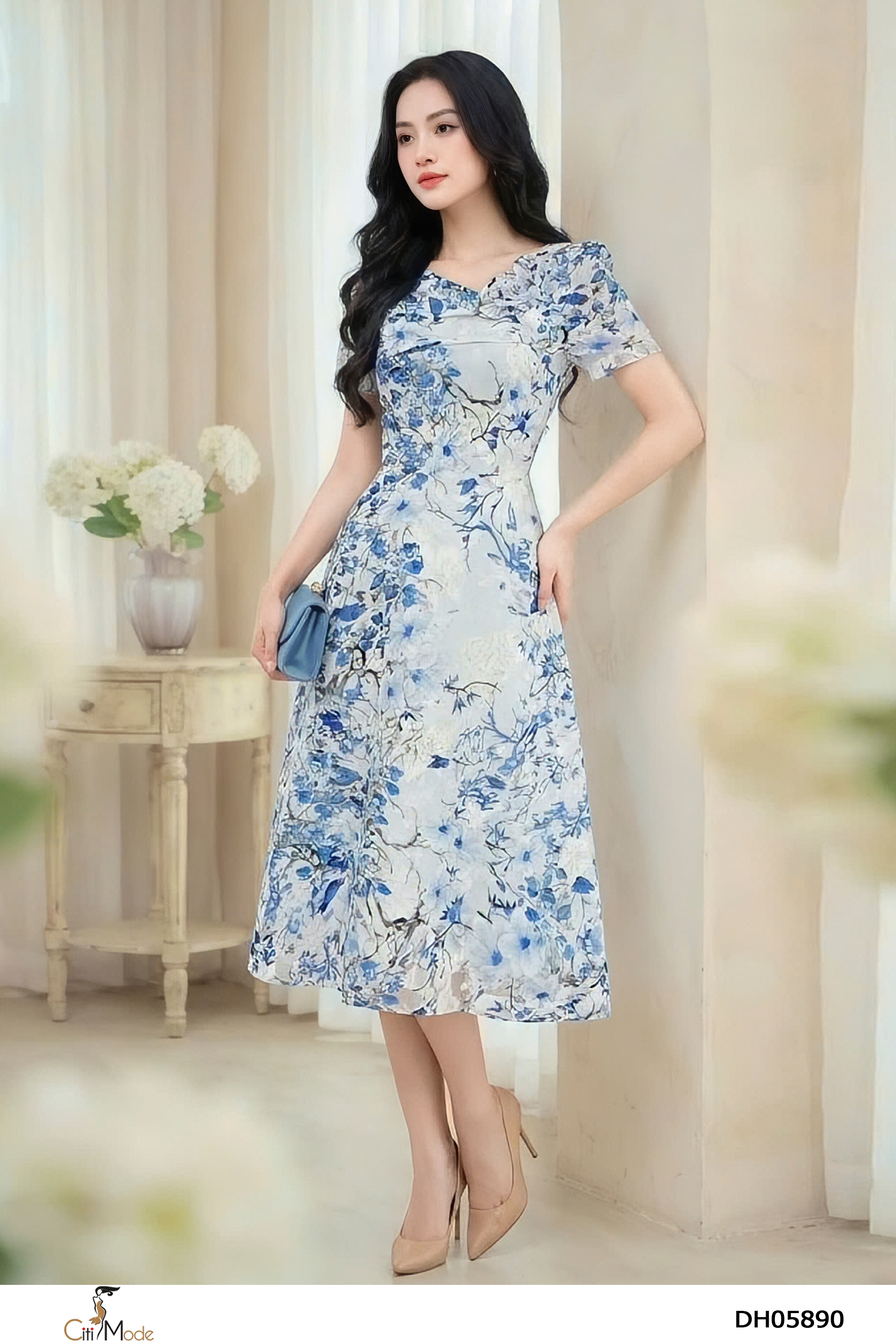 Đầm xòe hoa xanh, cổ lệch, đính hoa , xếp ly bong cổ_thumbnail_2