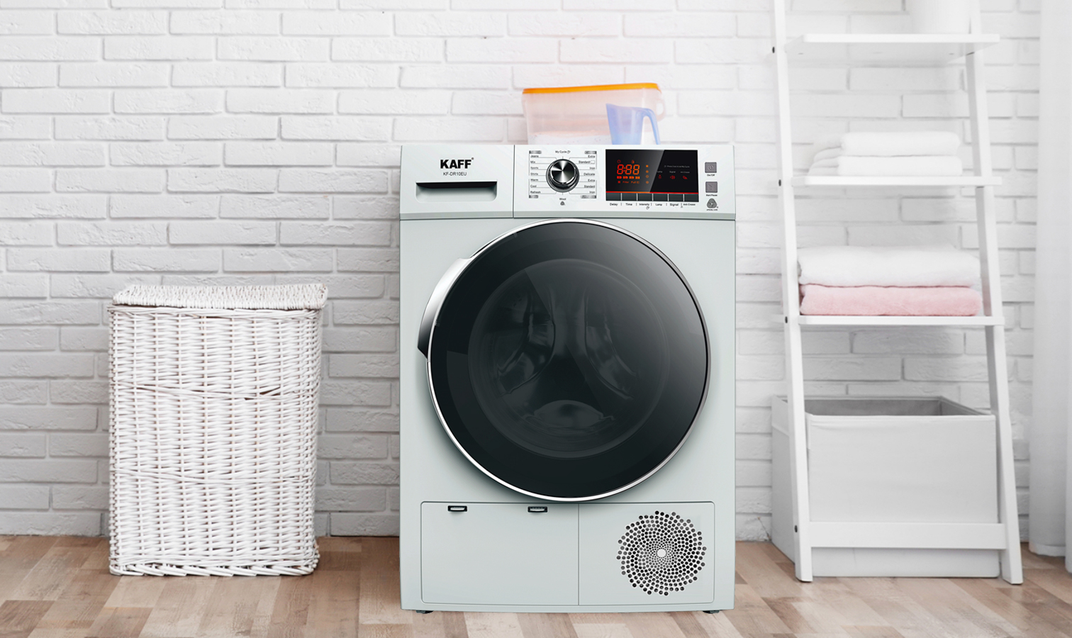 Máy sấy Kaff KF-DR10EU thiết kế hiện đại, sang trọng, có kích thước bằng máy giặt lồng ngang Máy sấy Kaff KF-DR10EU thiết kế hiện đại, sang trọng, có kích thước bằng máy giặt lồng ngang