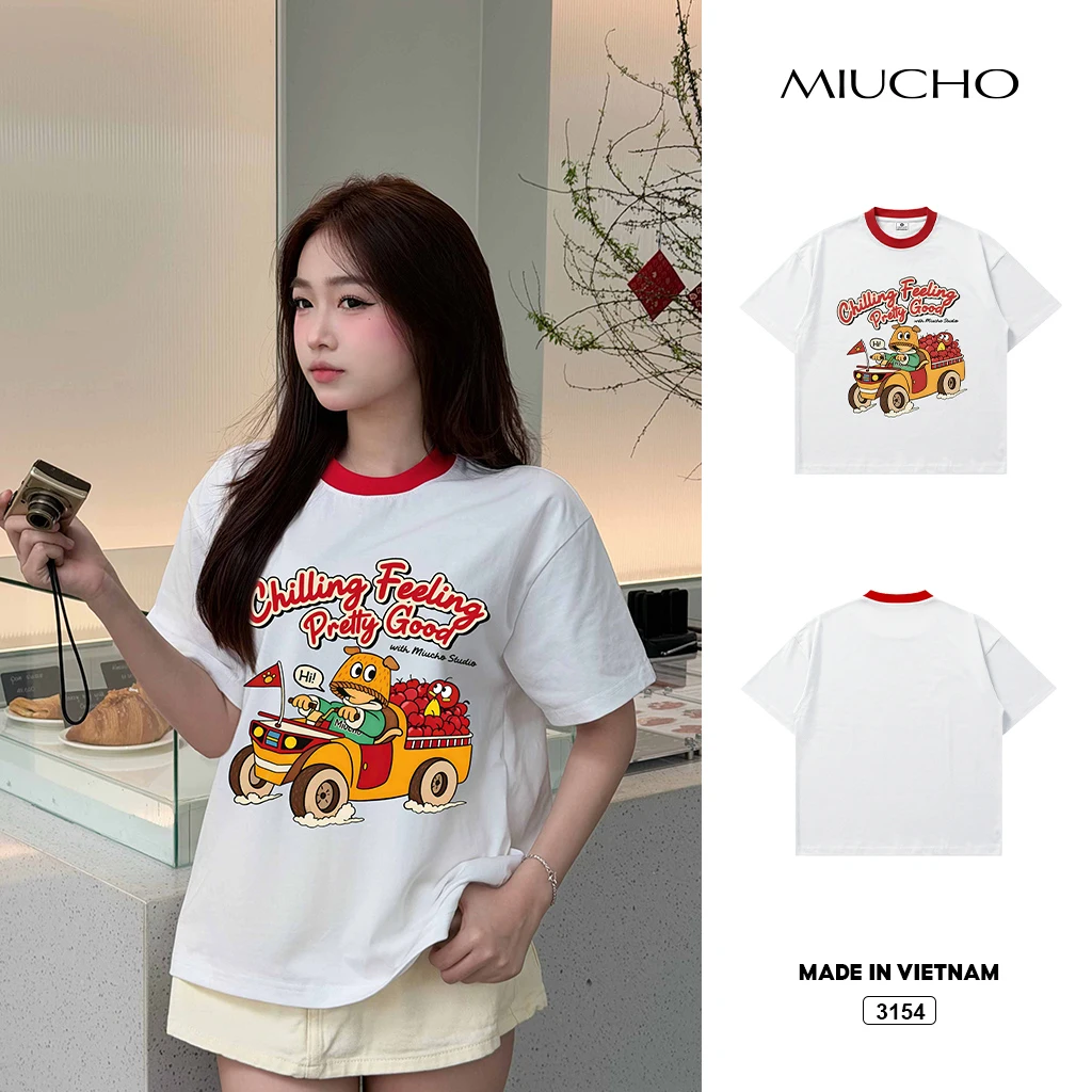 Áo thun boxy nam nữ phối cổ đỏ Miucho 3154