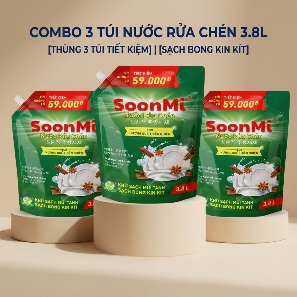 1 Thùng 3 túi nước rửa chén hương quế Soonmi 3.8L