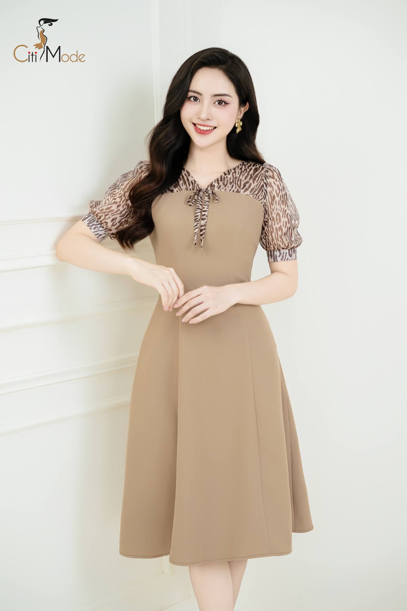Đầm xoè nâu phối hoạ tiết da báo đính nơ_thumbnail_0