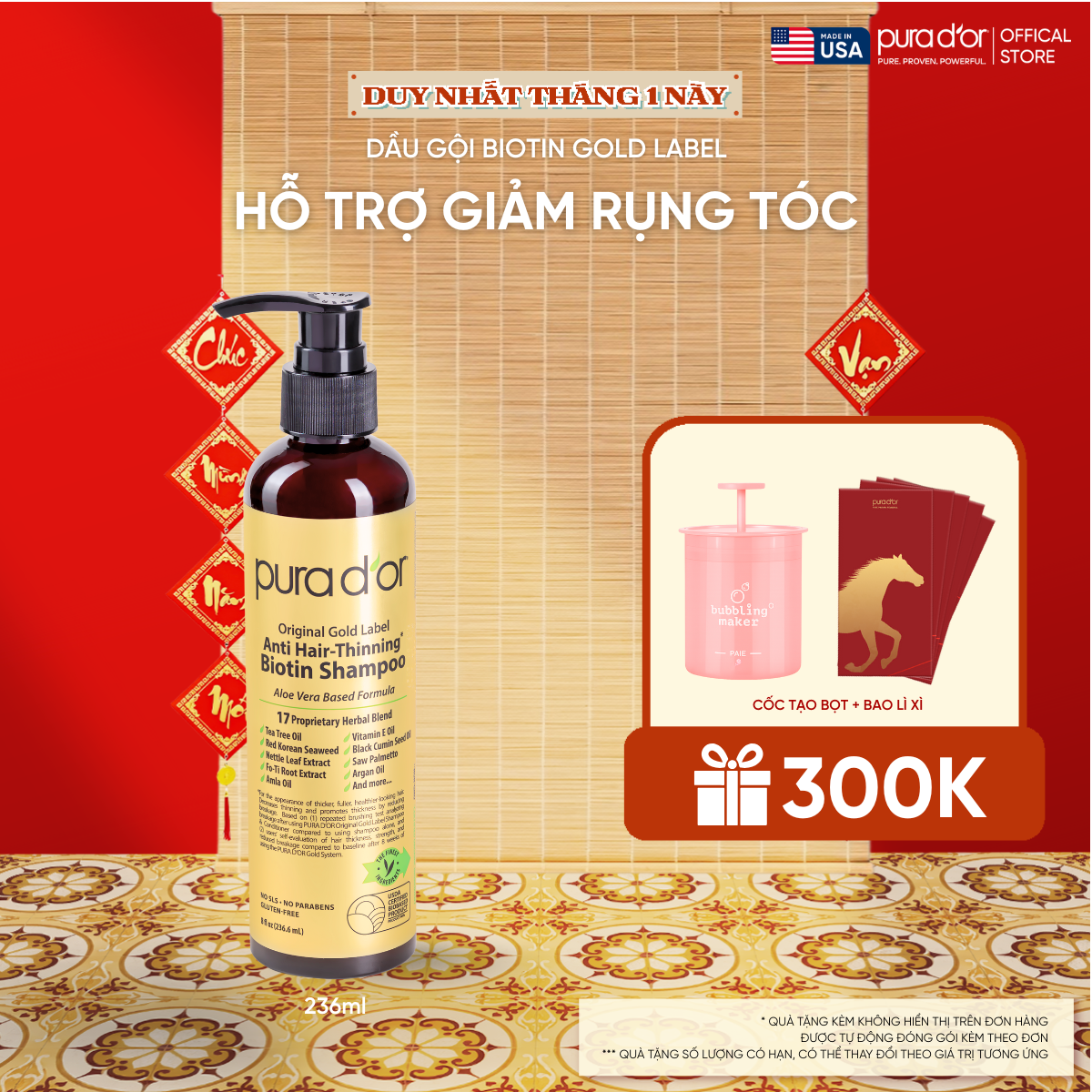 Dầu Gội Biotin Pura D'or Original Gold Label Chăm Sóc Da Đầu, Giảm Rụng Tóc, Hỗ Trợ Mọc Tóc 236ml