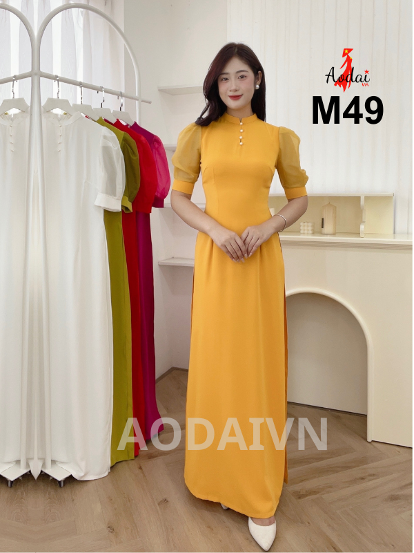 M49 Áo dài thiết kế màu vàng cổ cao 2cm tay bồng Voan tơ mềm