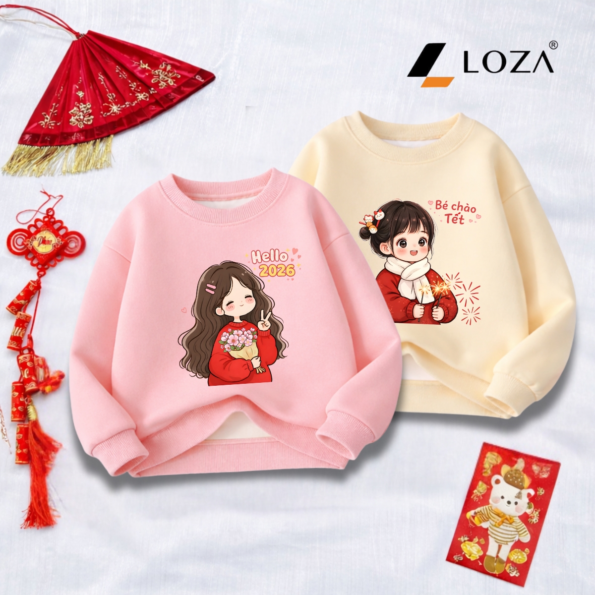 [BST Tết 2026] Áo nỉ sweater bé gái hình cô gái Chúc Tết - Loza Kids IN030