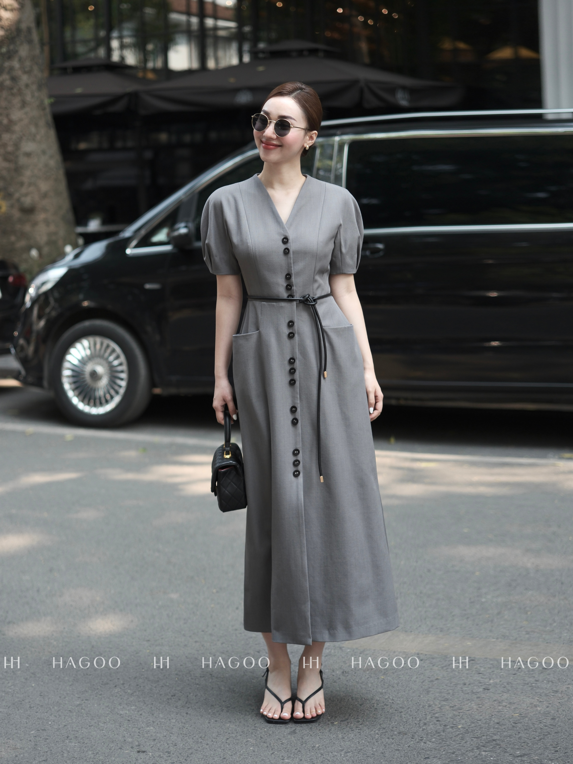 Váy xám tay phồng phối khuy đen kèm dây da HAGOO_thumbnail_2