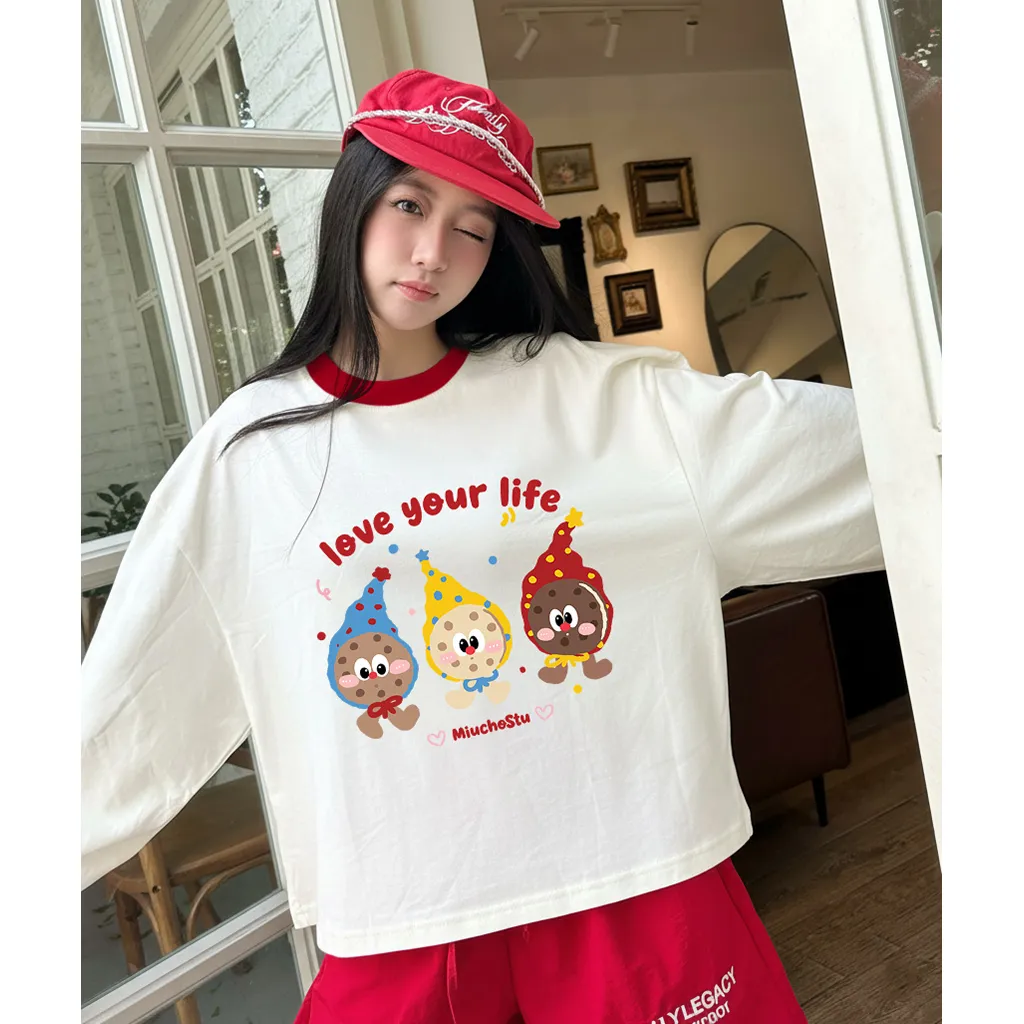 Áo thun boxy Miucho vải dày dặn thoáng mát tay dài cổ tròn Love your life in mix 2836_thumbnail_6