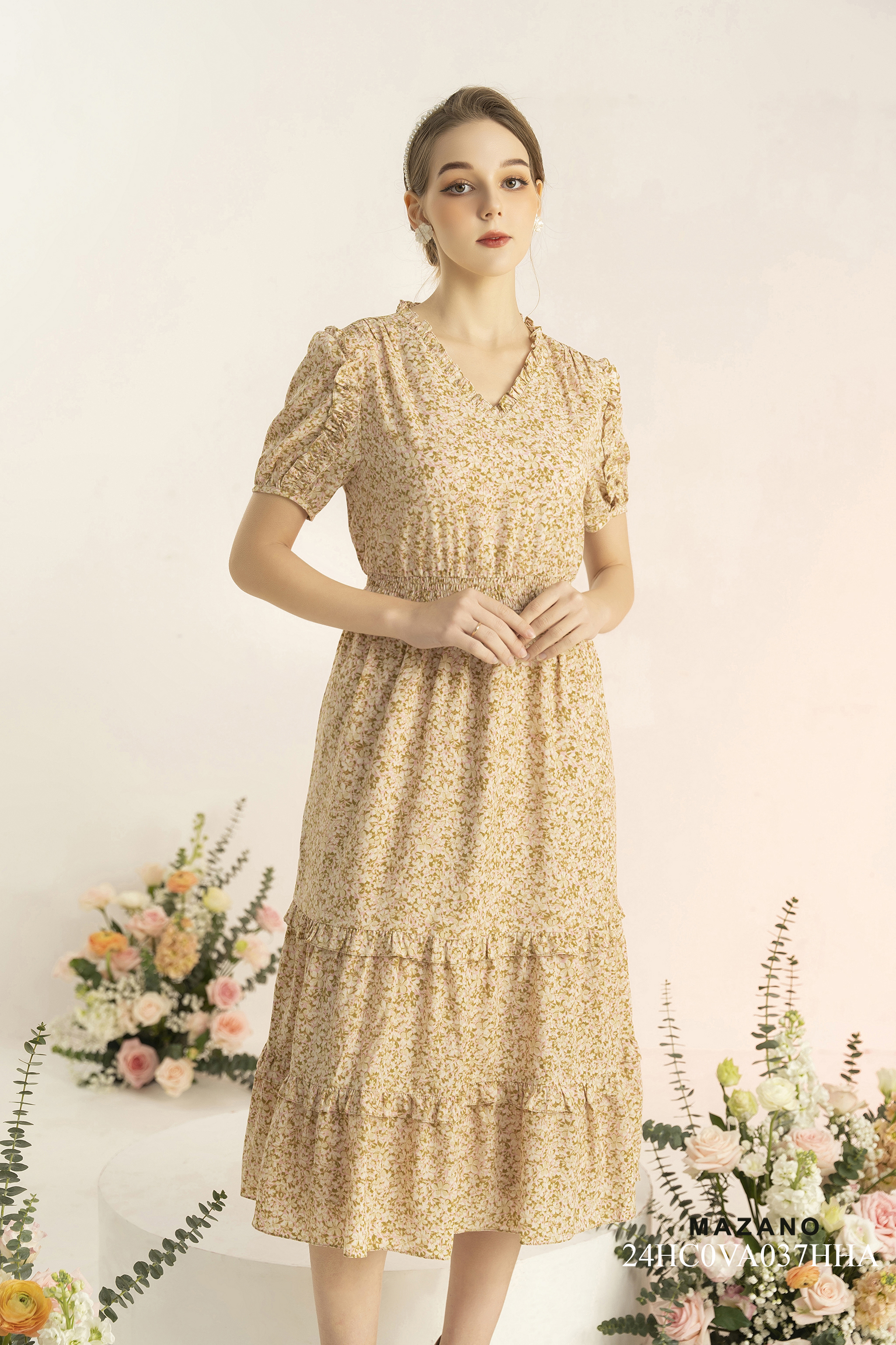 Đầm nâu nhạt hoa nhí pastel chun eo phối bèo tầng_thumbnail_4