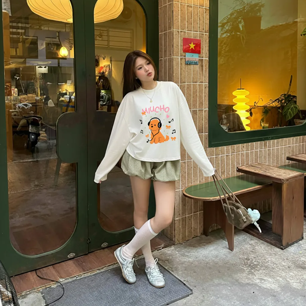 Áo thun tay dài form boxy Miucho chất vải dày dặn thoáng mát cún music in mix 2833_thumbnail_8