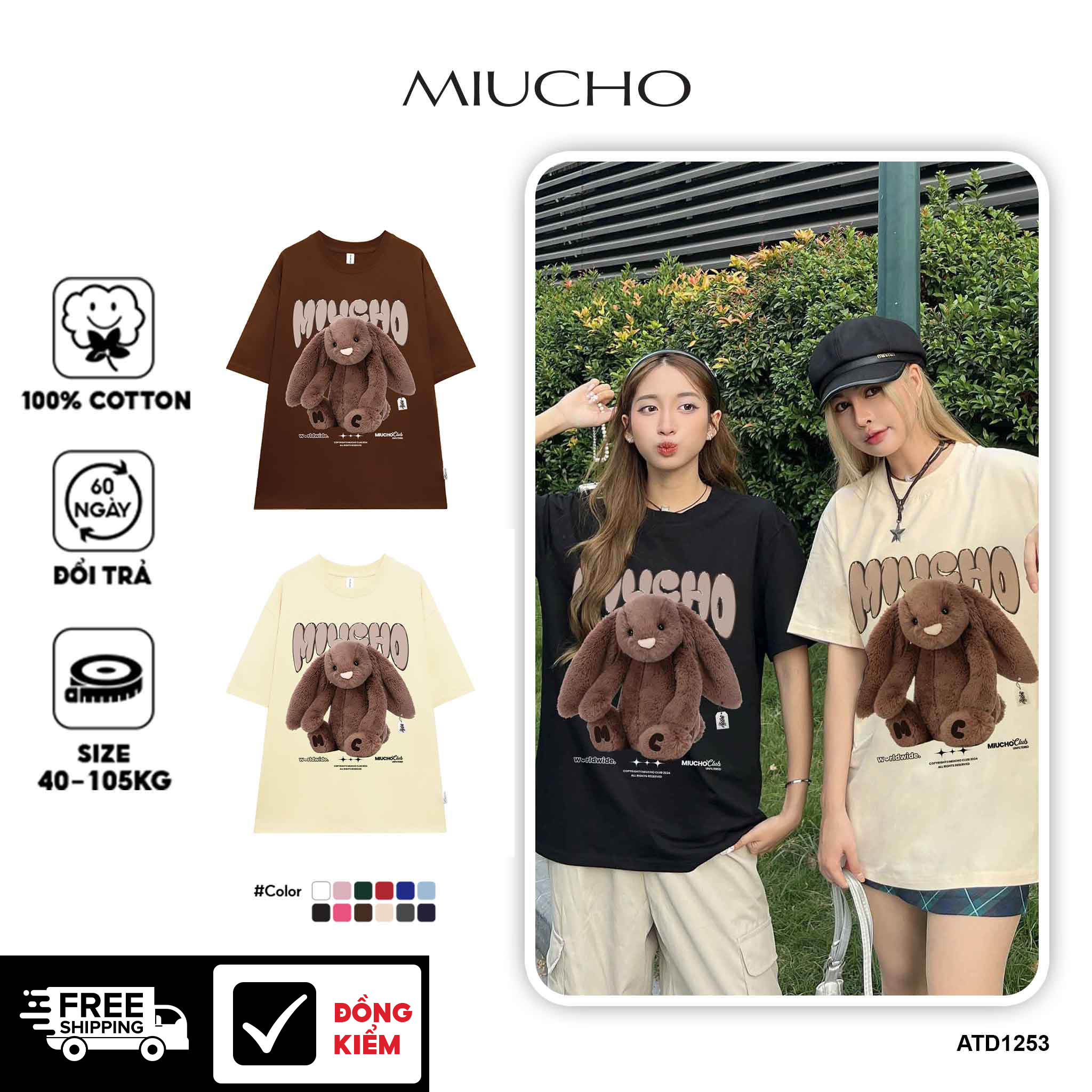 Áo thun thỏ Bunny form rộng local brand ATD1253 Miucho tay ngắn cổ tròn in mix
