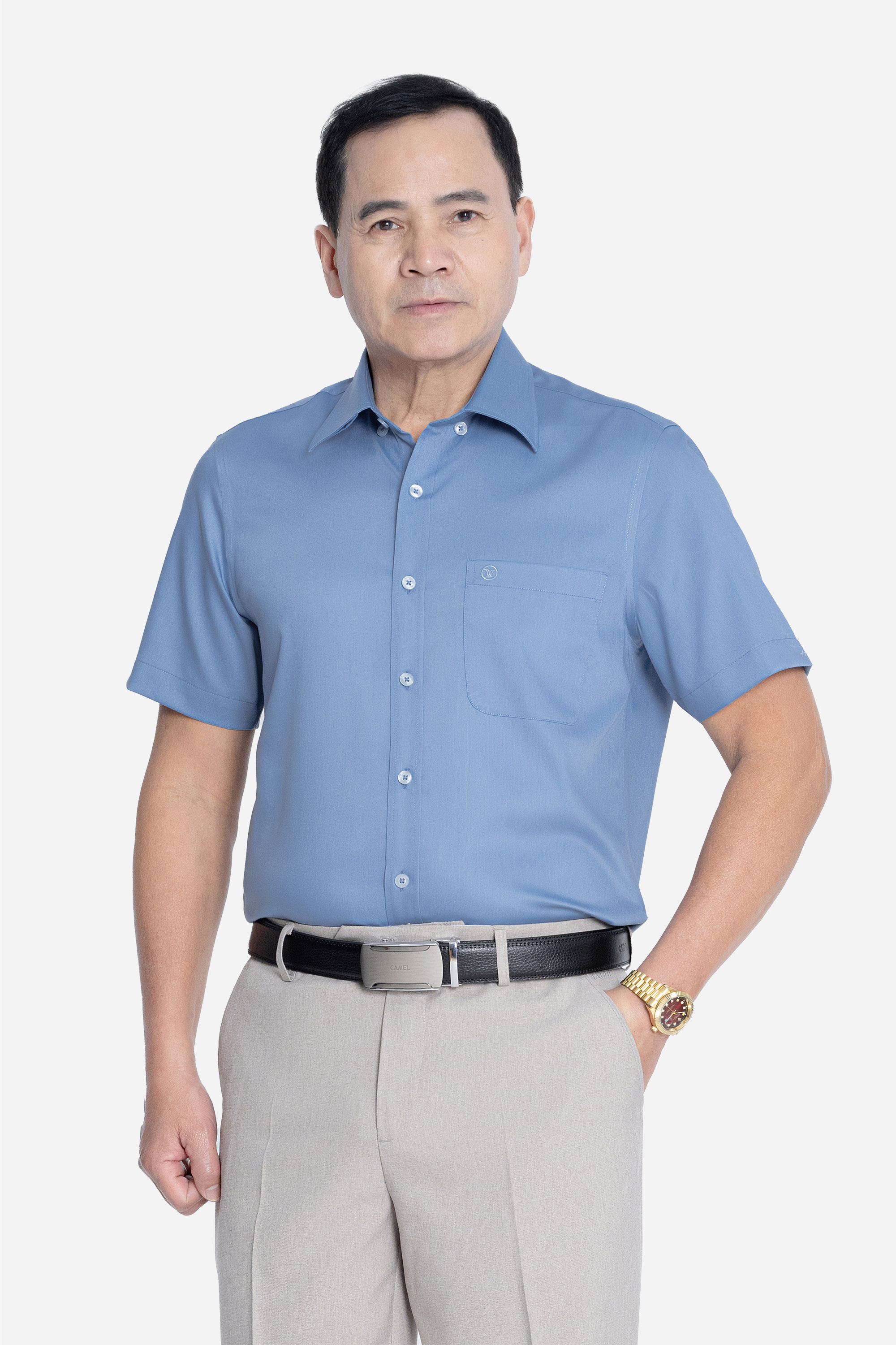 Sơ Mi Trơn Cộc Tay Nam Trung Niên ANCHI Chất Liệu Sợi Sồi Cao Cấp Màu Xanh_thumbnail_2