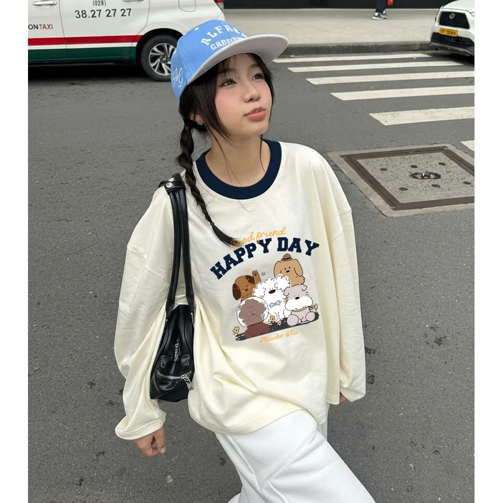 Áo thun form boxy unisex Miucho thoáng mát mềm mại thoải mái tay dài phối cổ gia đình cún 2808_thumbnail_4