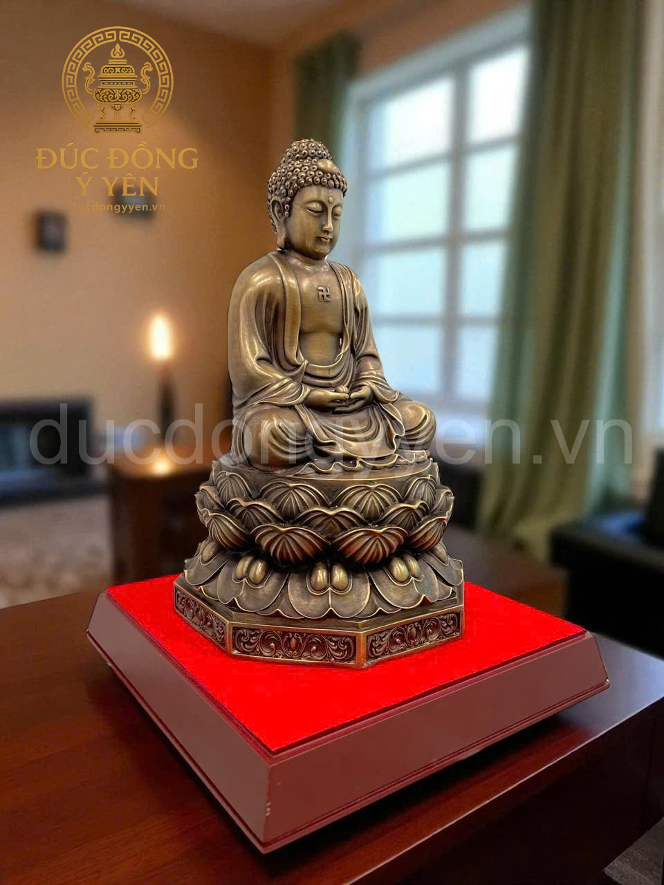 Tượng phật A Di Đà ngồi đài sen đúc đồng vàng làm màu giả cổ _thumbnail_0