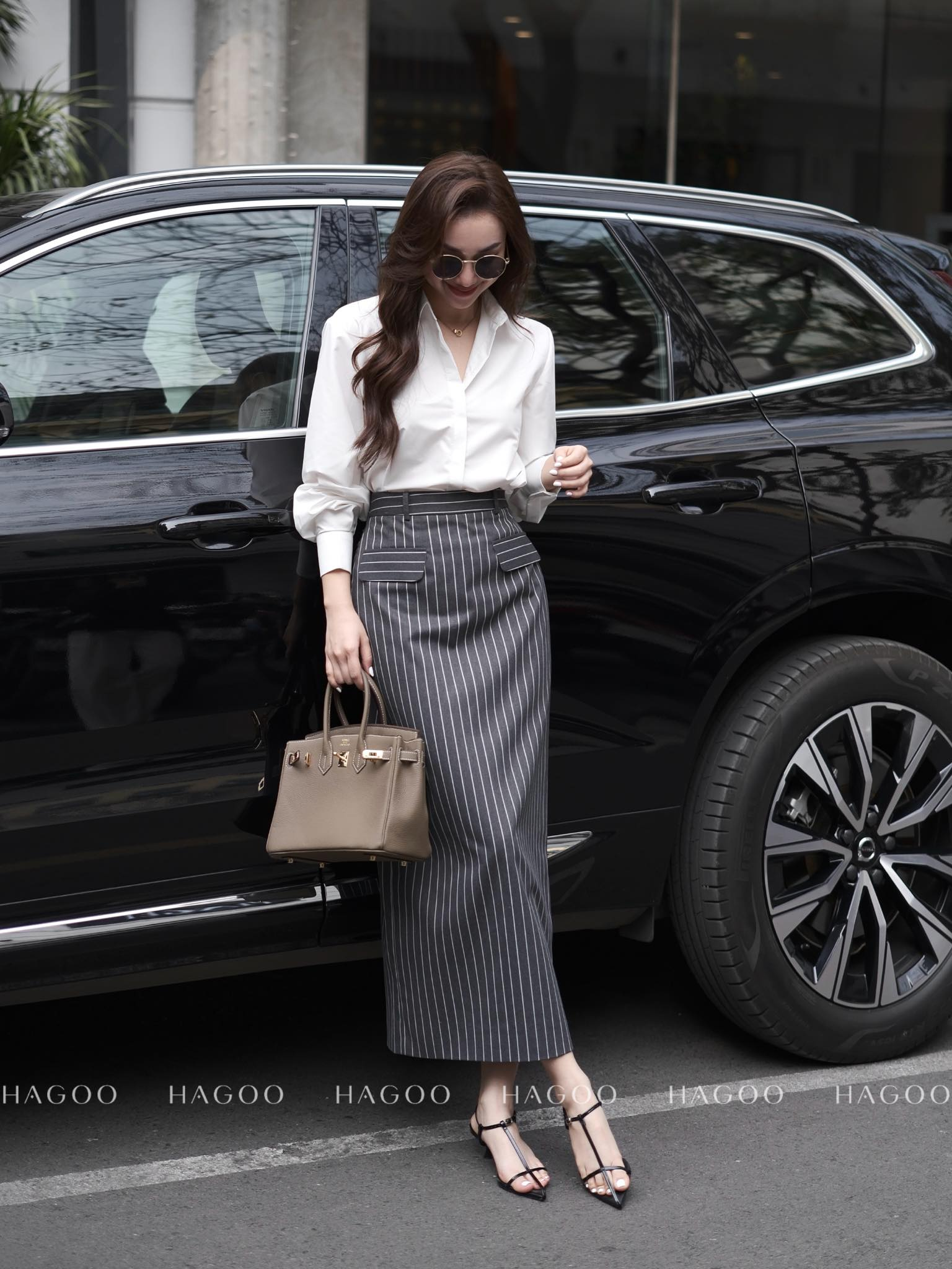 Chân váy kaki sọc ghi chì HAGOO