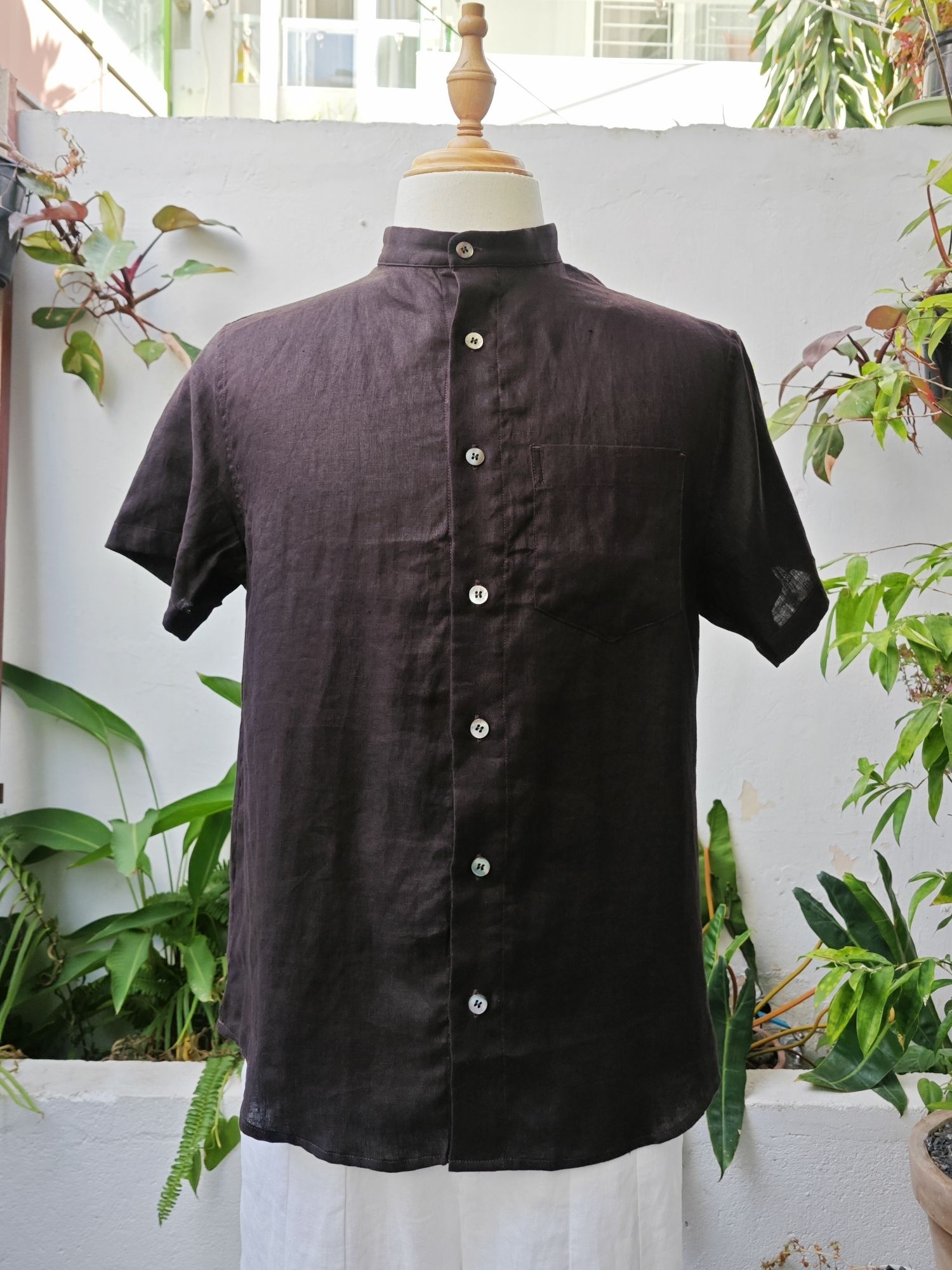 Sơ mi 100% linen tay ngắn cổ Trụ - cổ Tàu