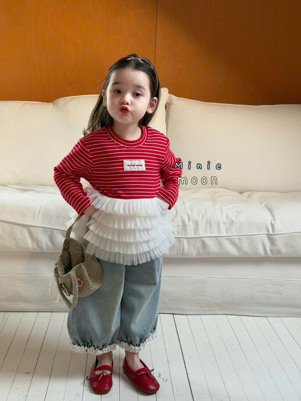 (E69) Áo thun kẻ đỏ liền voan tầng MNM_thumbnail_0