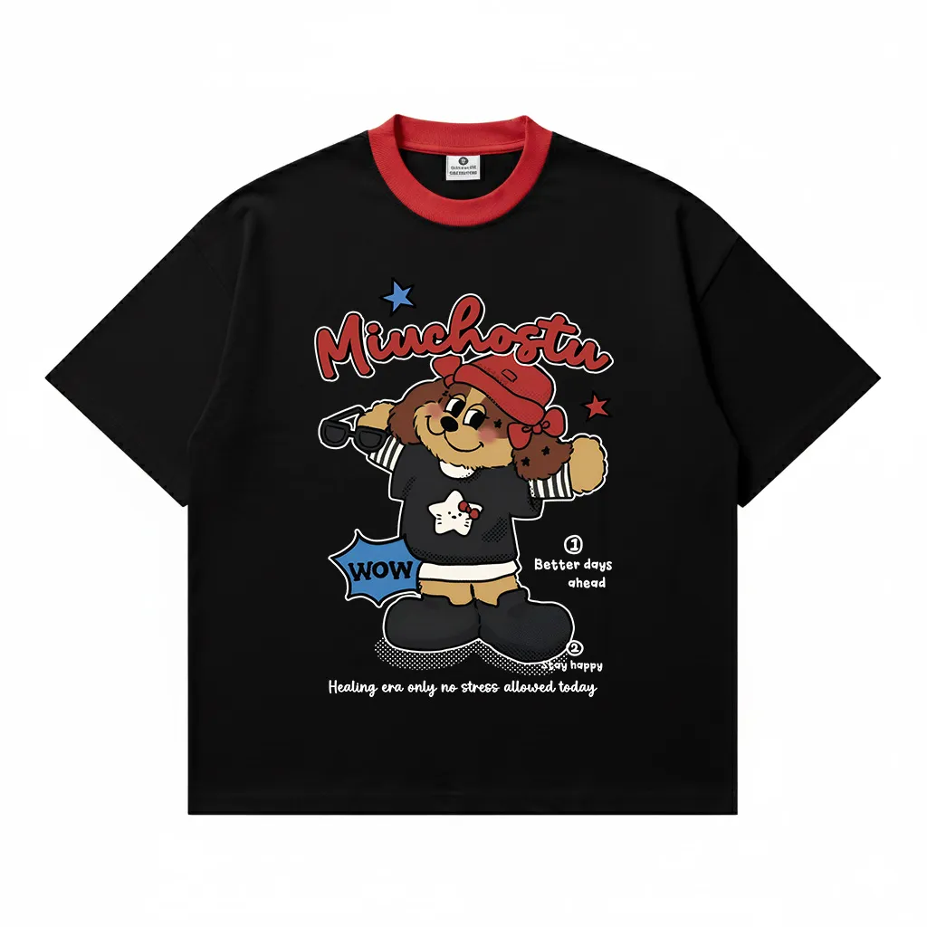 Áo thun boxy phối cổ hoạt hình Miucho vải dày dặn thoáng mát đứng form in mix 2973_thumbnail_0