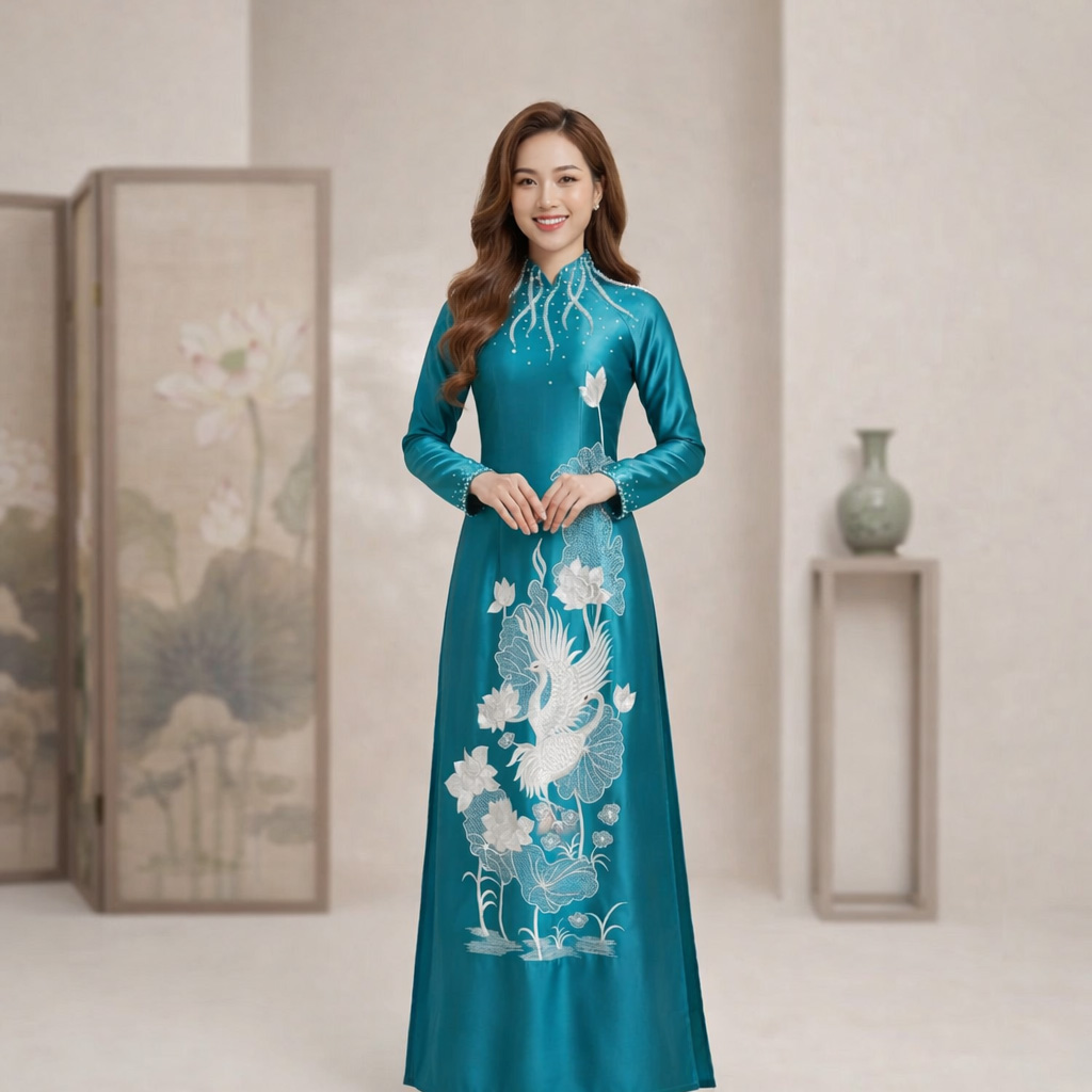 Áo Dài Mẹ Cô Dâu Chú Rể Thêu Hạc Hoa Sen Sang Trọng Chất Liệu Ruby Cao Cấp AM26-13_thumbnail_4