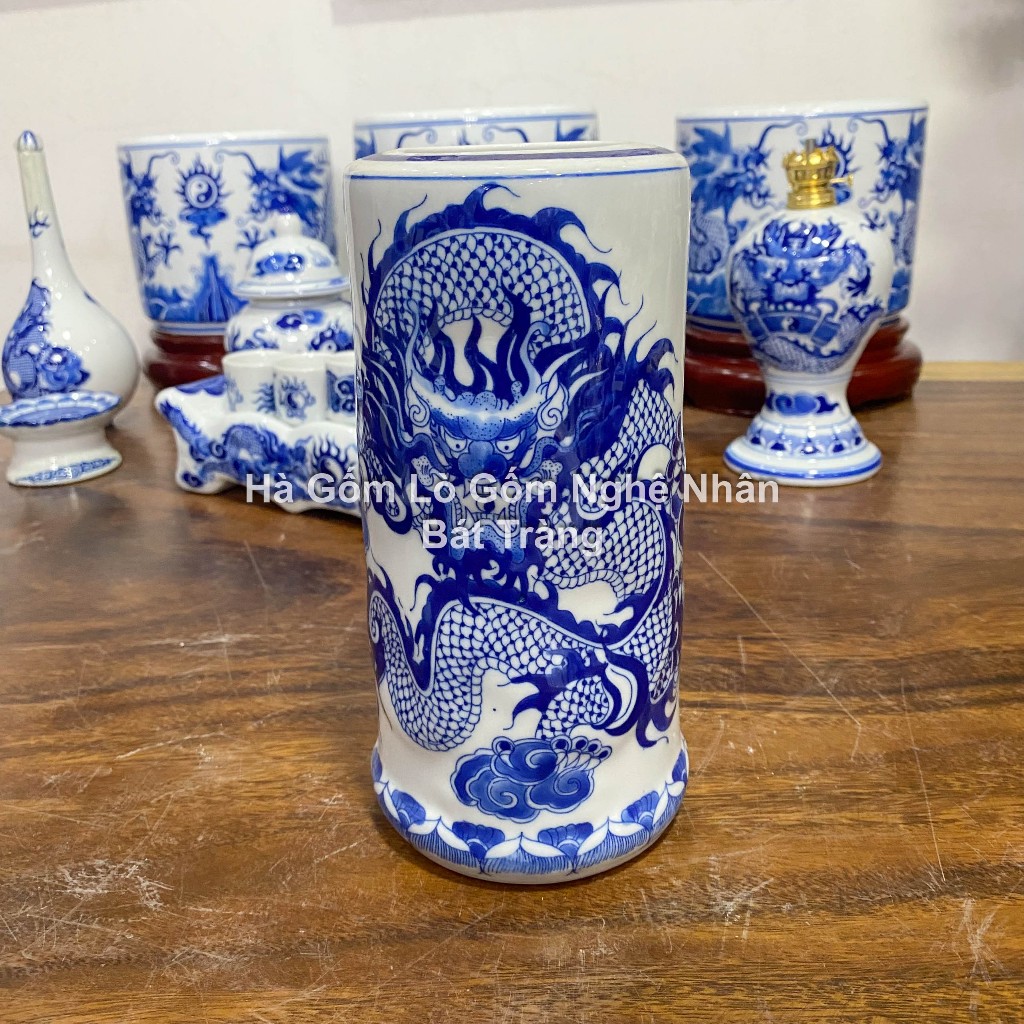 Lọ Đựng Hương, Ống Cắm Hương Rồng, Sen Thờ Cúng men lam cổ - Đồ Thờ Cúng Bát Tràng