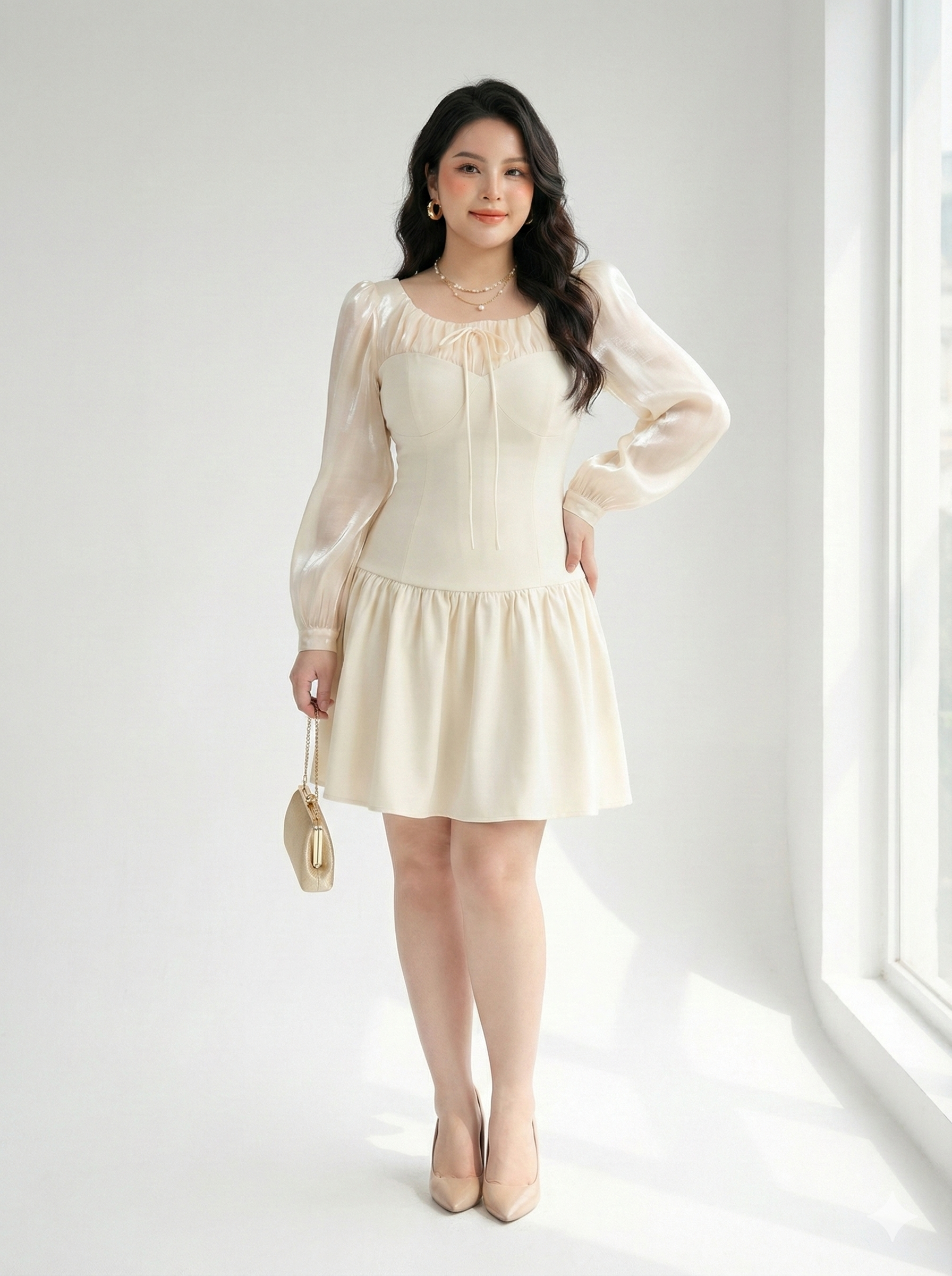 BIGSIZE-Đầm dáng A ngắn phối tay V-DA197_thumbnail_1