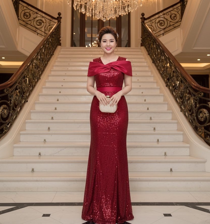 Đầm dự tiệc dạ hội kim sa phối nơ cách điệu