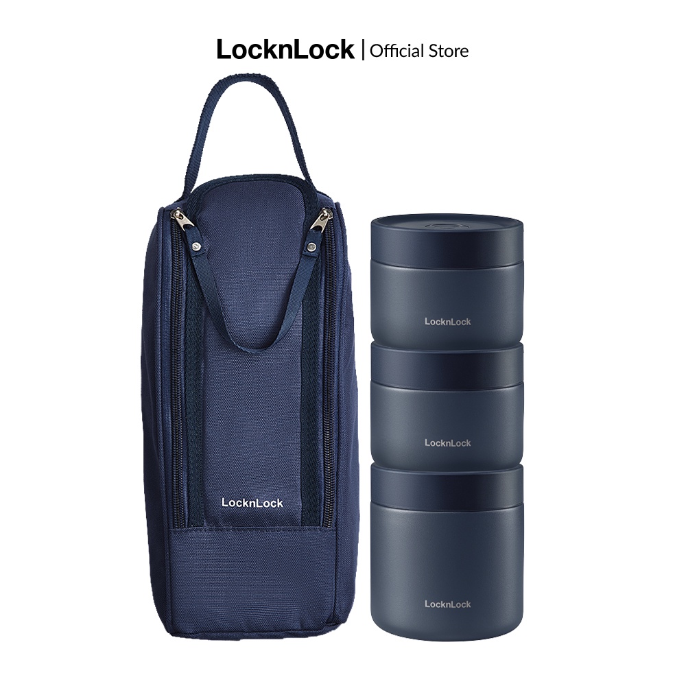 Bộ hộp cơm giữ nhiệt LocknLock LHC8052S01 Pump Vacuum Lunch box (300ml*2, 500ml*1, bộ đũa và thìa, túi) - Màu xanh navy