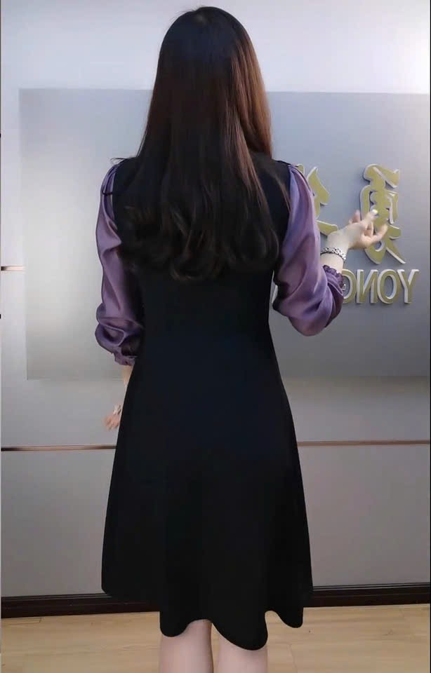 13970-Đầm chữ A phối tay lở  cổ viền bèo ( thun mịn, lụa ánh kim)FREESHIP_thumbnail_1