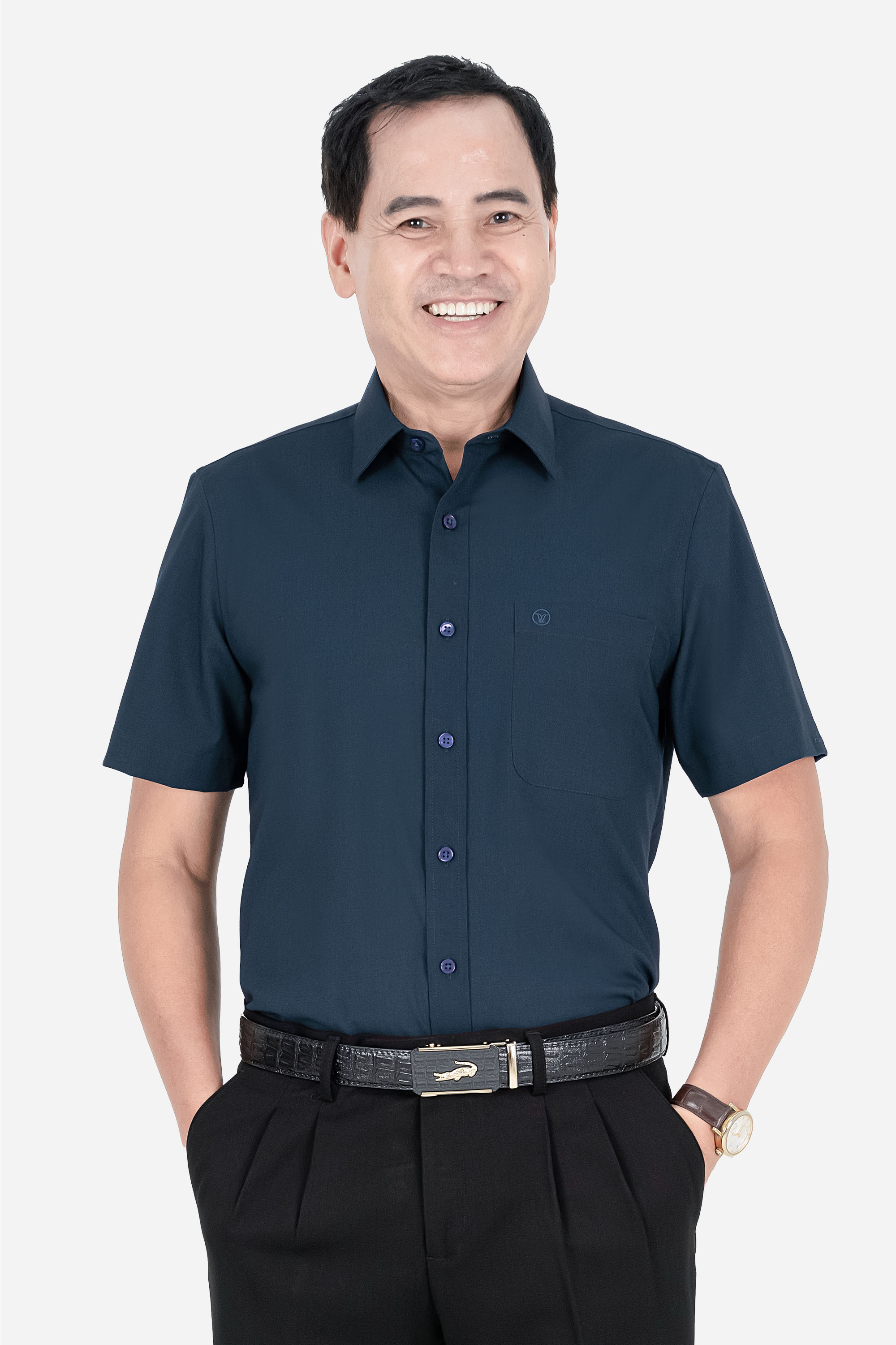 Áo Sơ Mi Trơn Cộc Tay Nam Trung Niên ANCHI Chất Liệu Sợi Gỗ Thoáng Mát