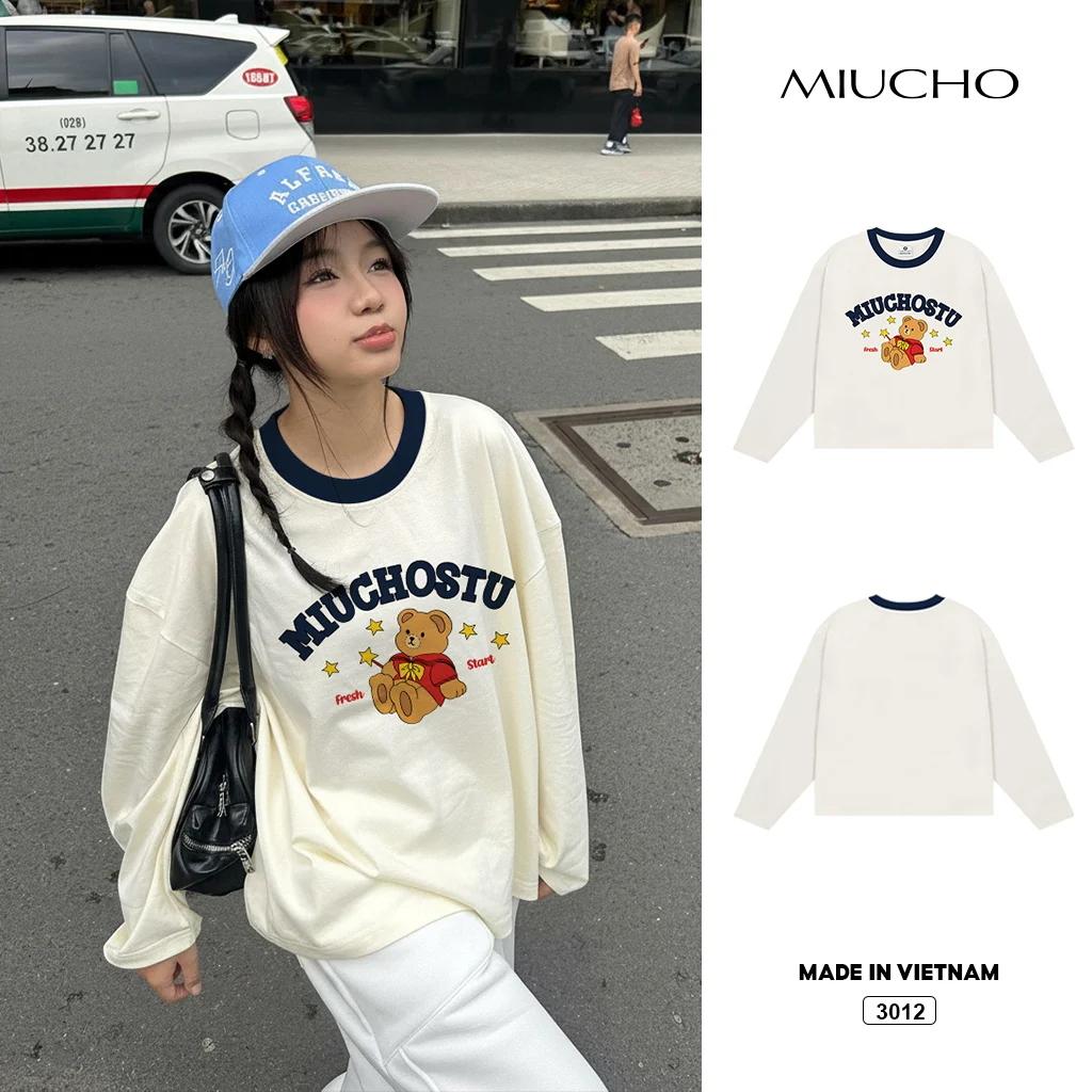 Áo thun Tết Bính Ngọ boxy tay dài phối cổ Gấu Teddy dễ thương Miucho vải thoáng mát 3012
