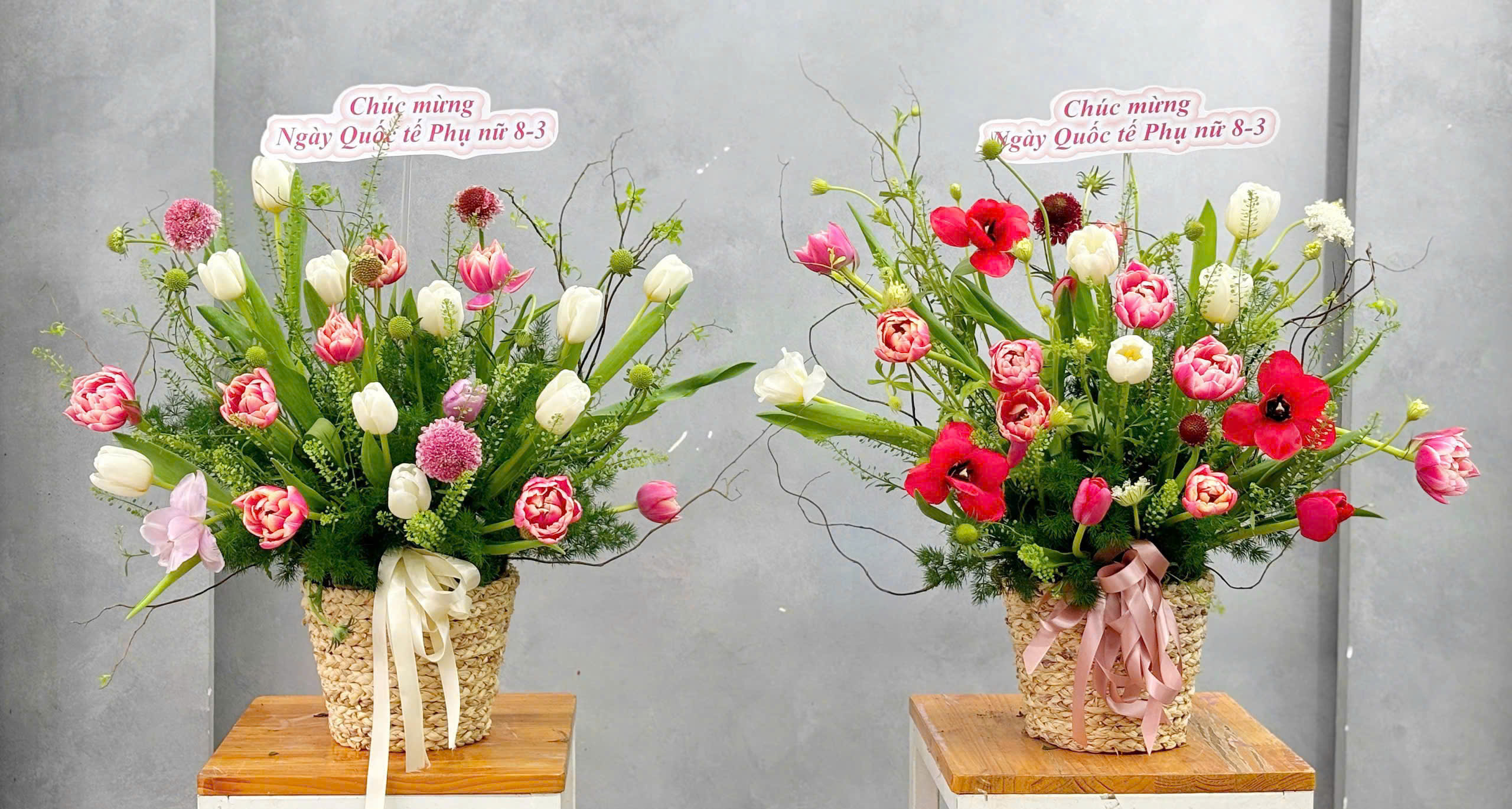 Giỏ hoa tuylip nhỏ xinh