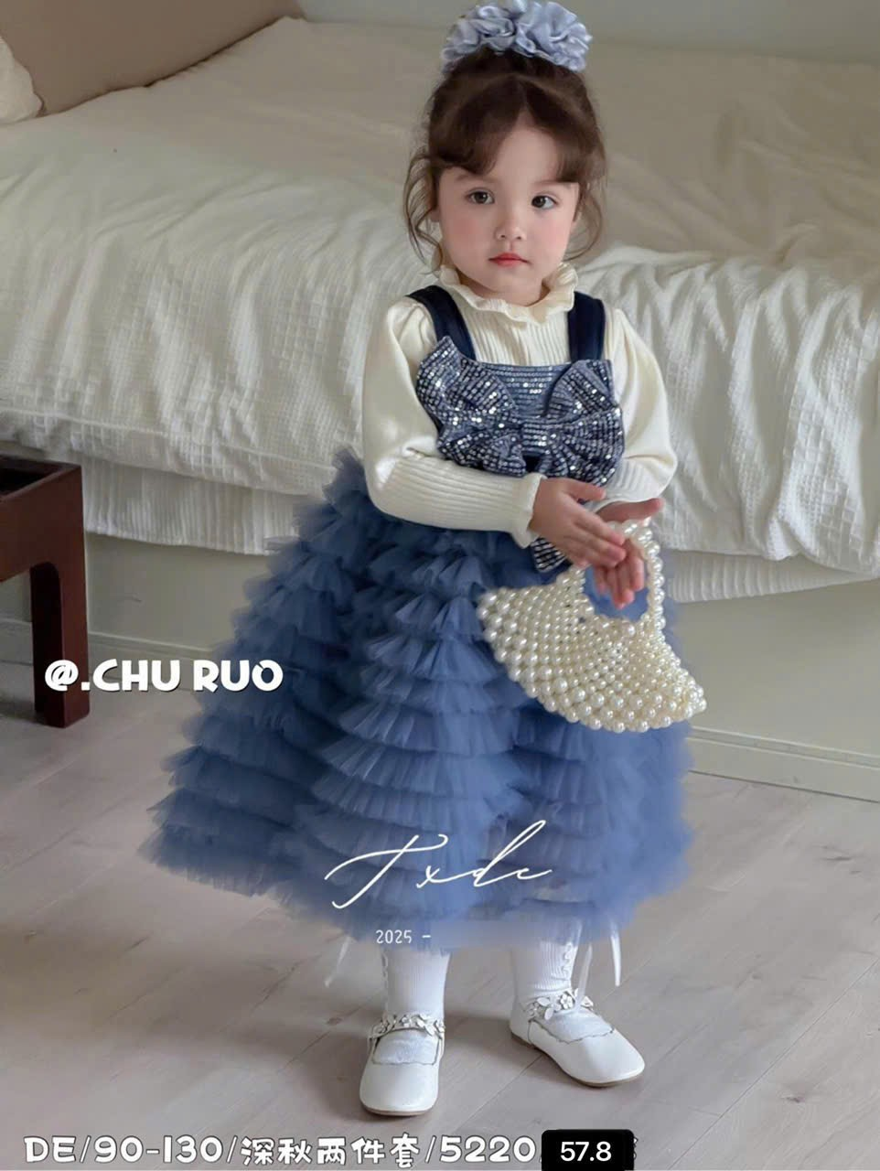 (V95) Váy dạ nhung 2 dây đính nơ màu xanh kèm áo